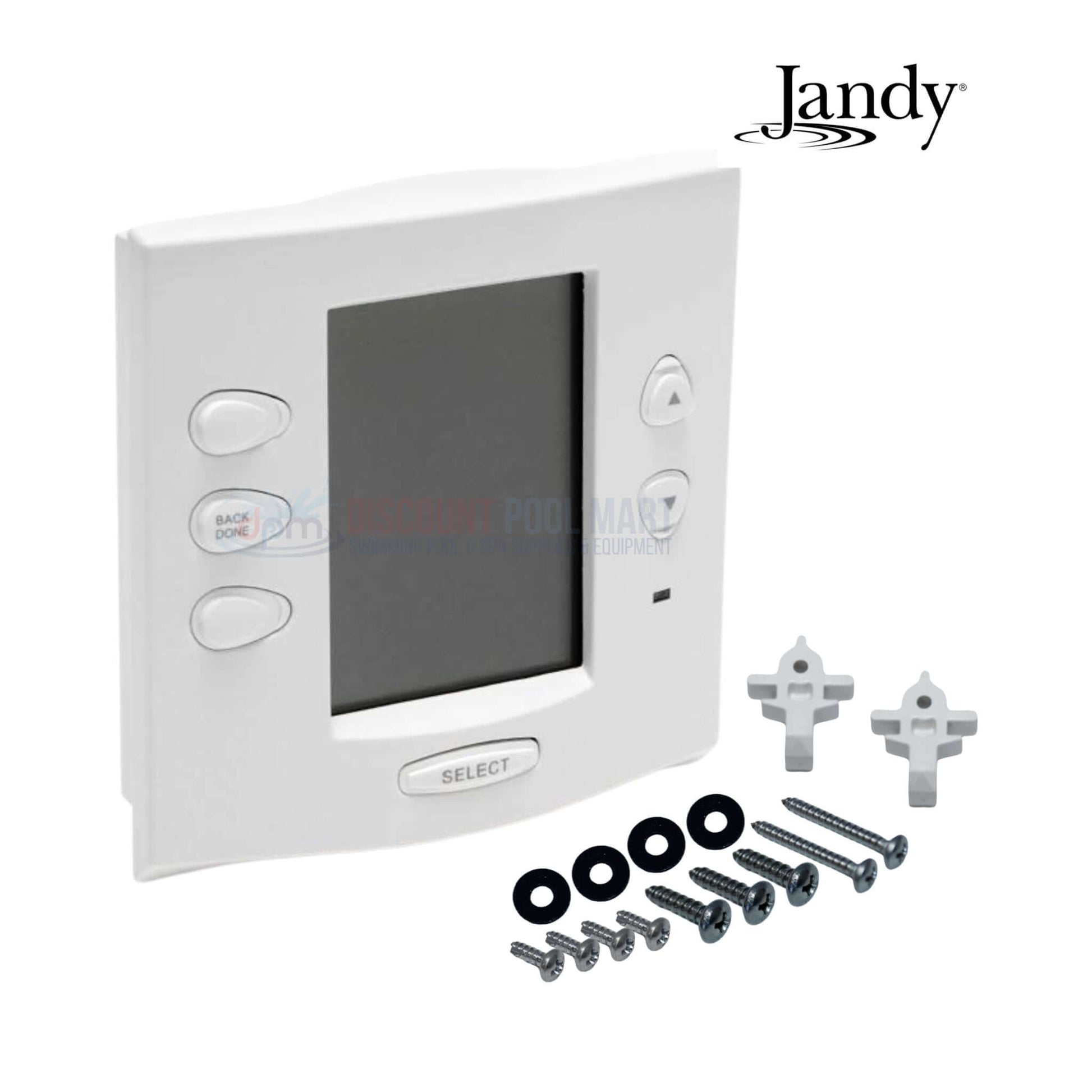 Jandy AquaLink RS OneTouch Indoor Control Panel in white with screws, designed for pool and spa management. Discount Pool Mart DPM.