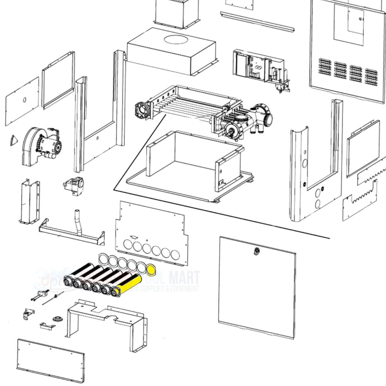 Jandy Burner R0454701 diagram with parts, includes Tap and Gasket. Available at Discount Pool Mart DPM.