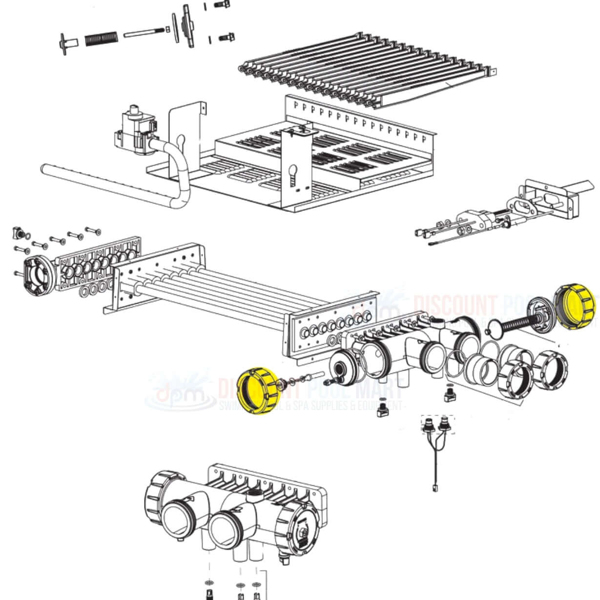 Diagram showing Jandy LXi and Legacy heater parts, including coupling nuts and O-rings from Discount Pool Mart DPM.