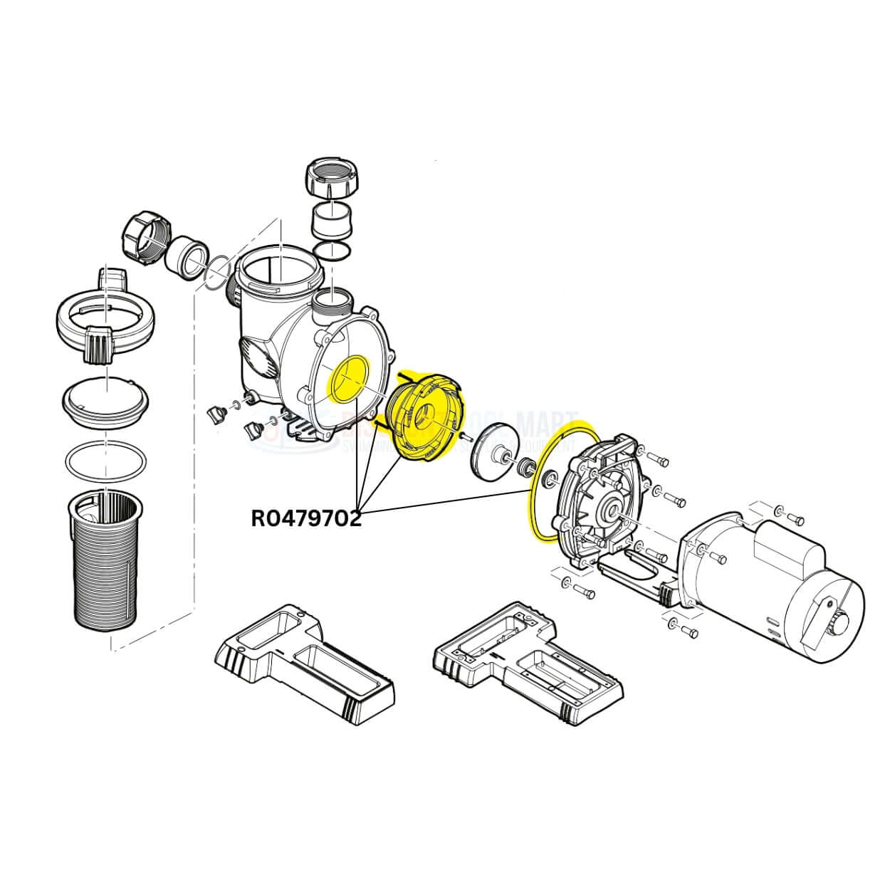 Exploded diagram of Jandy FloPro Pump parts, including diffuser, O-ring, and hardware for model R0479702 from Discount Pool Mart DPM.