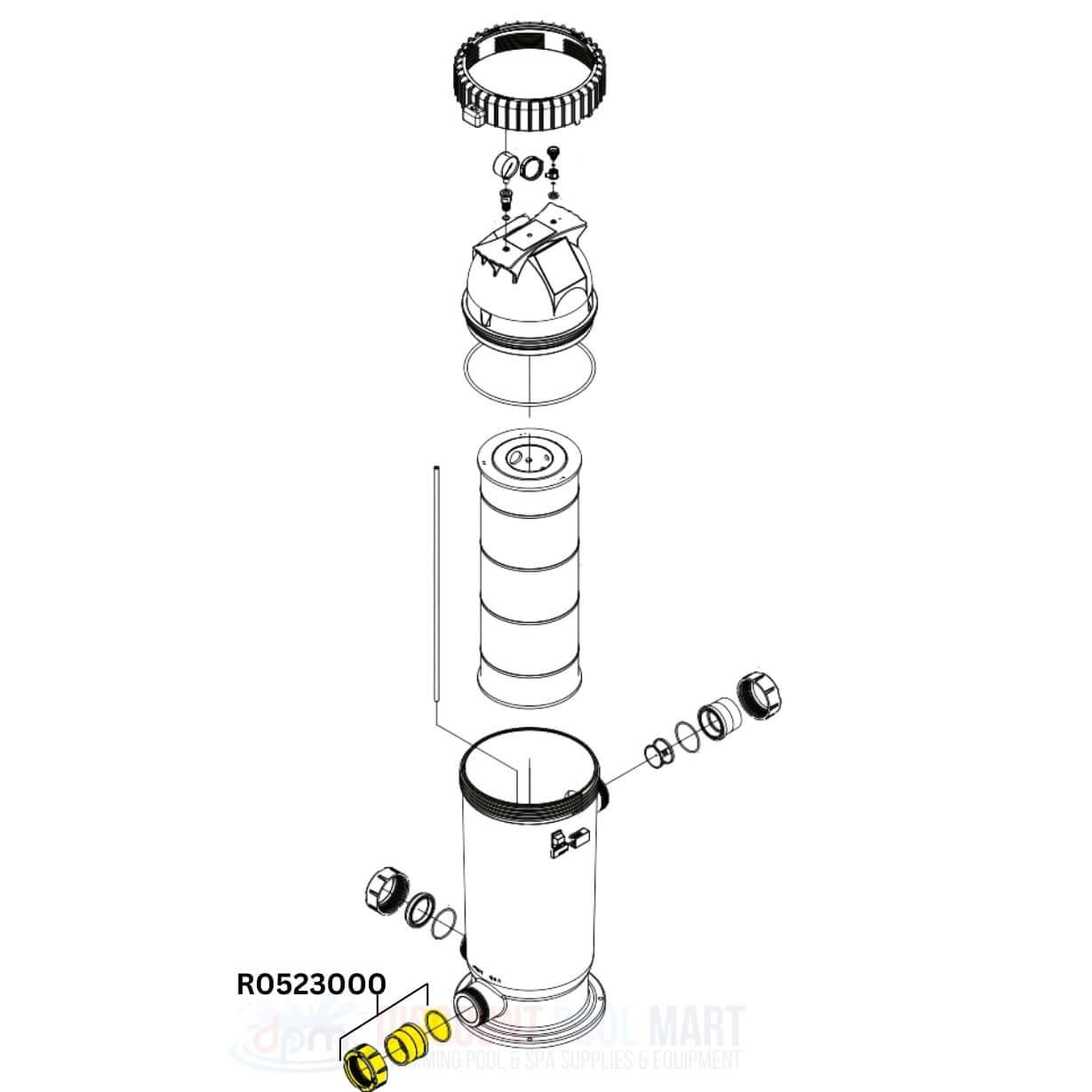 Jandy Drain Cap Assembly R0523000 with O-Ring for DEV Filters by Discount Pool Mart DPM, parts diagram.