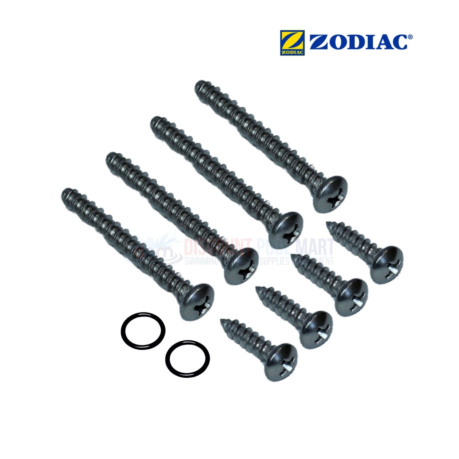Zodiac screw kit with eight screws and two O-rings from Discount Pool Mart DPM for pool maintenance.