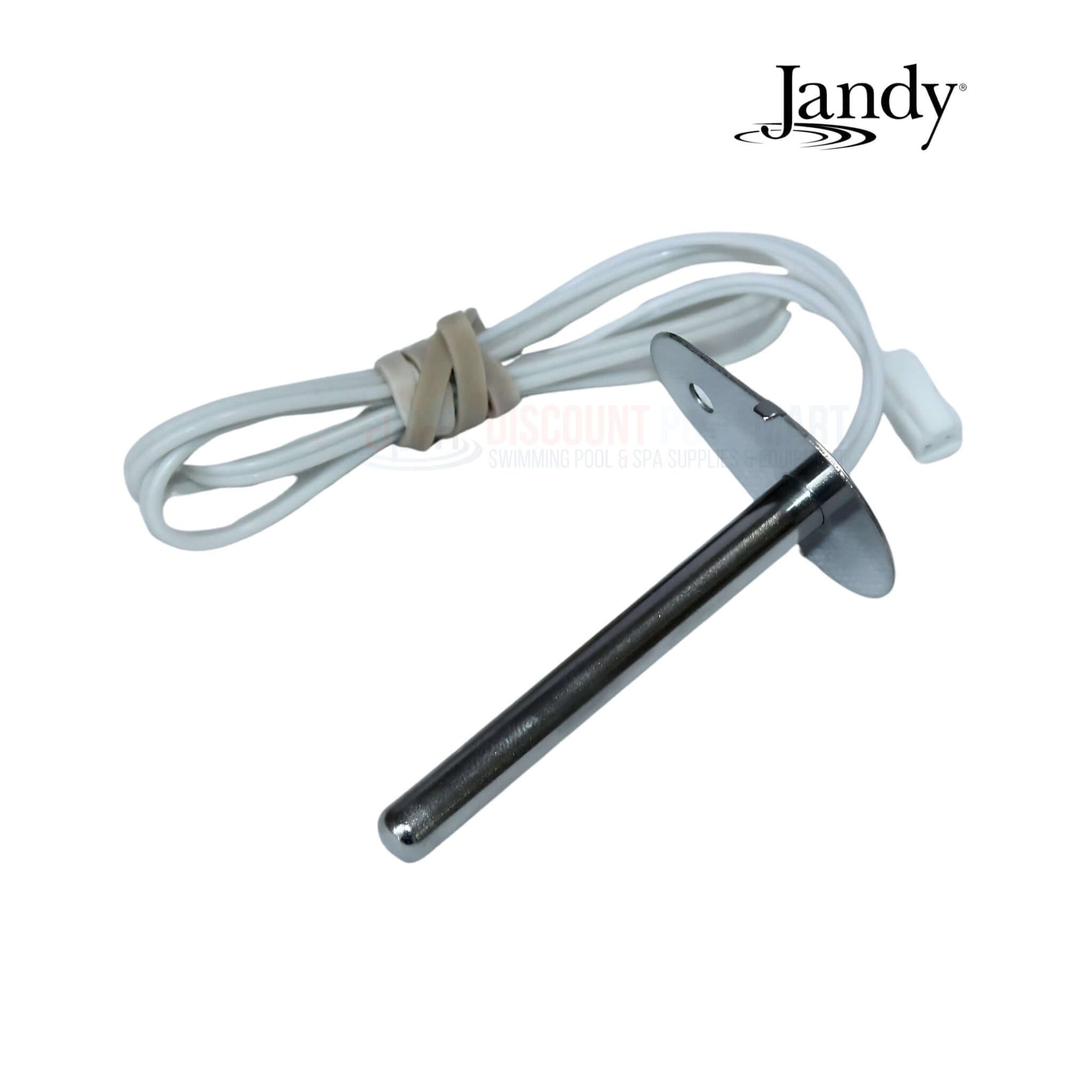 Jandy JXiQ Heater Flue Sensor Kit R0719402, thermistor with a silver probe and white wire, from Discount Pool Mart for pool supplies.