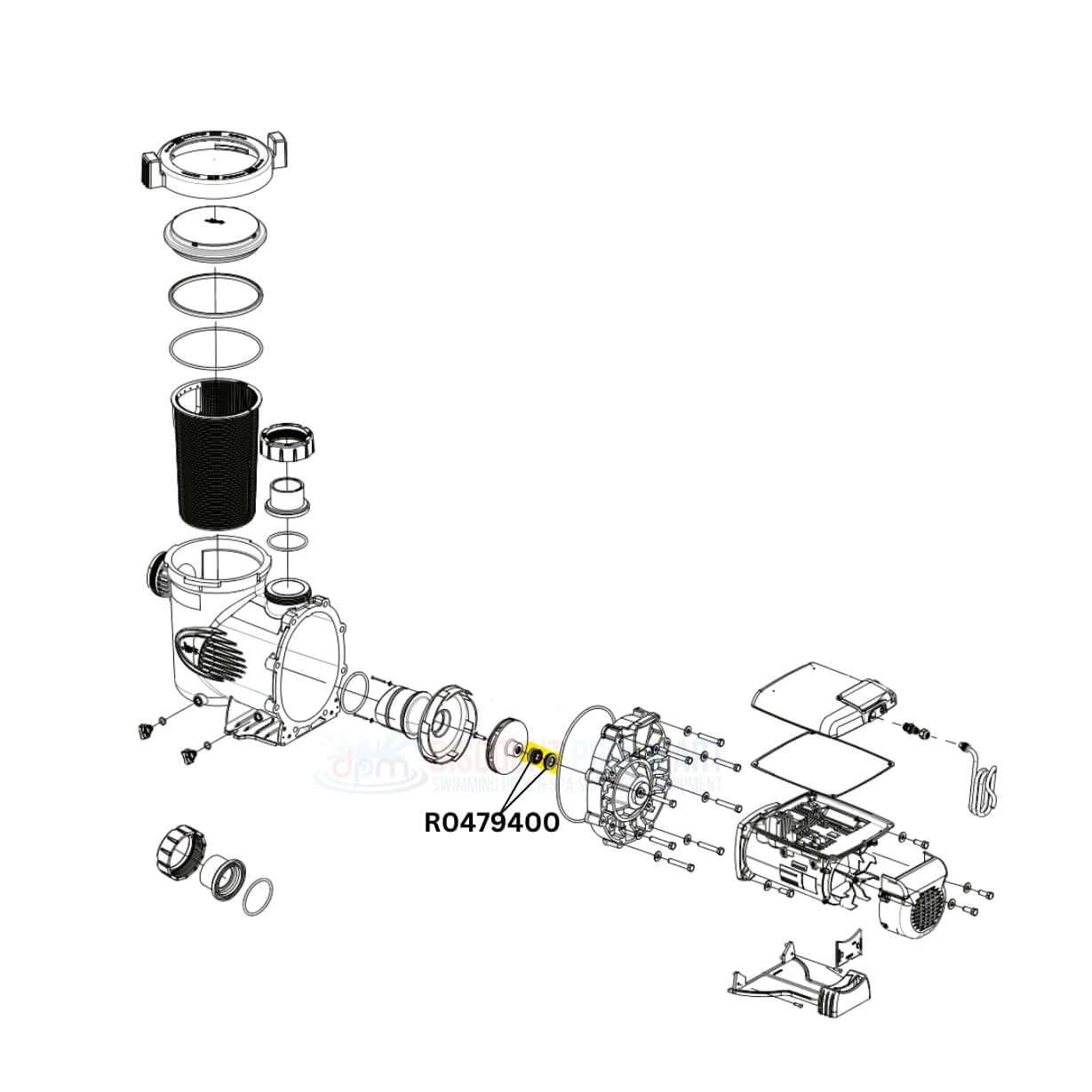 Exploded diagram of Jandy Mechanical Shaft Seal R0479400 for DPM pumps, including components for replacement.