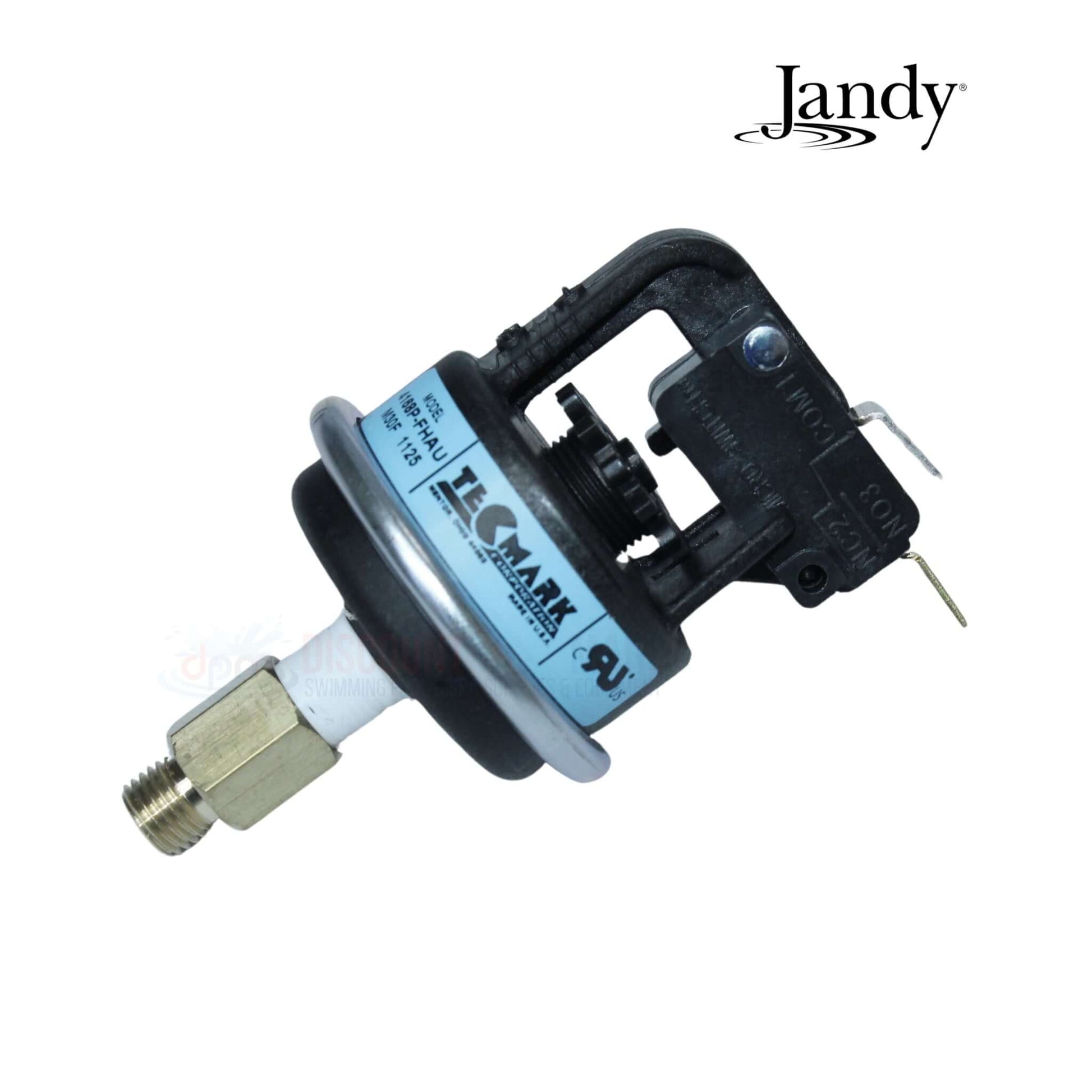 Jandy Pressure Switch R0013203 for JXiQ Heaters, high-quality OEM pool part from Discount Pool Mart, shows side view with connection fitting.