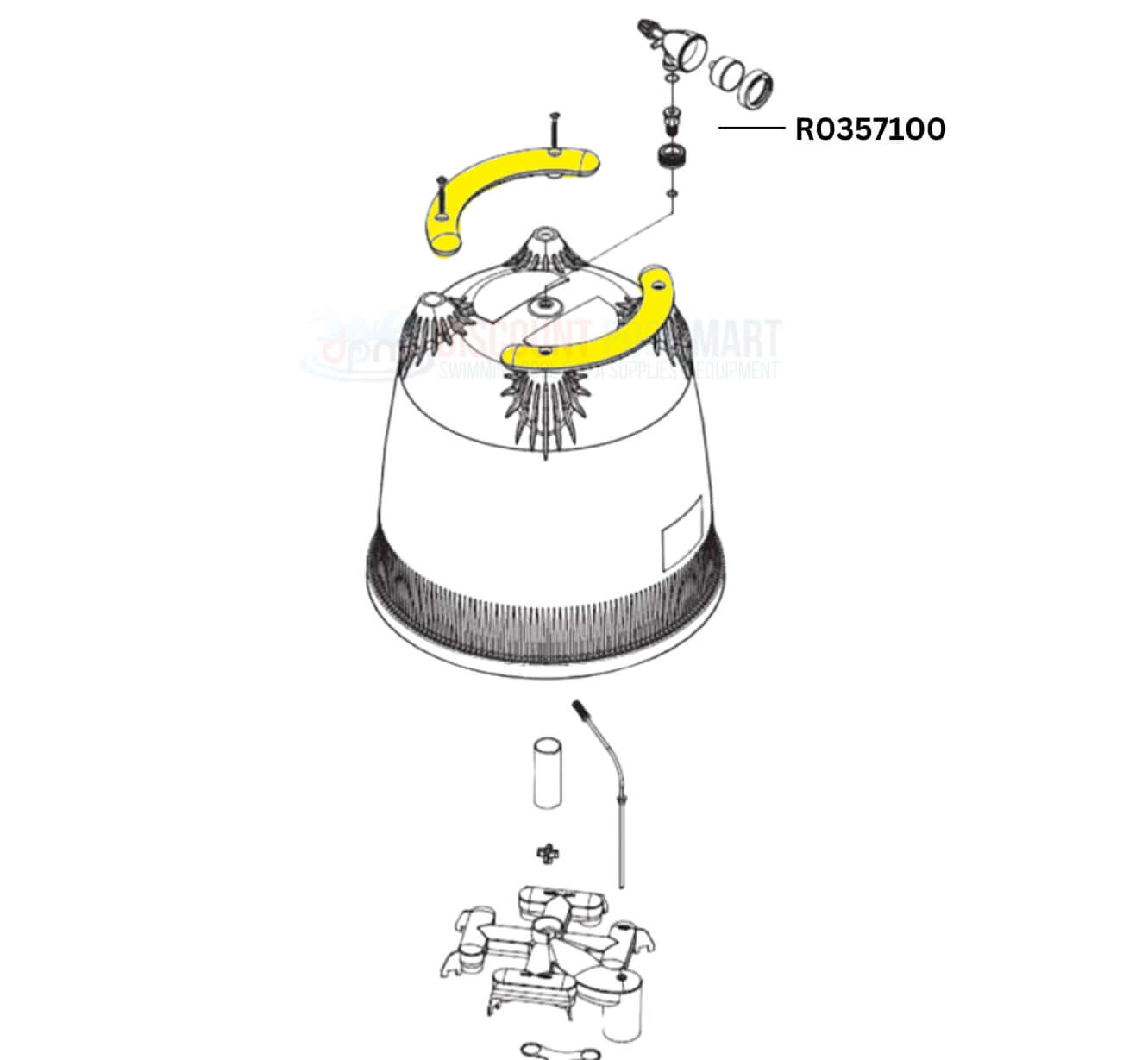 Jandy Top Handle Assembly R0357100 diagram for DEV/DEL filter at Discount Pool Mart DPM, showcasing parts and design.