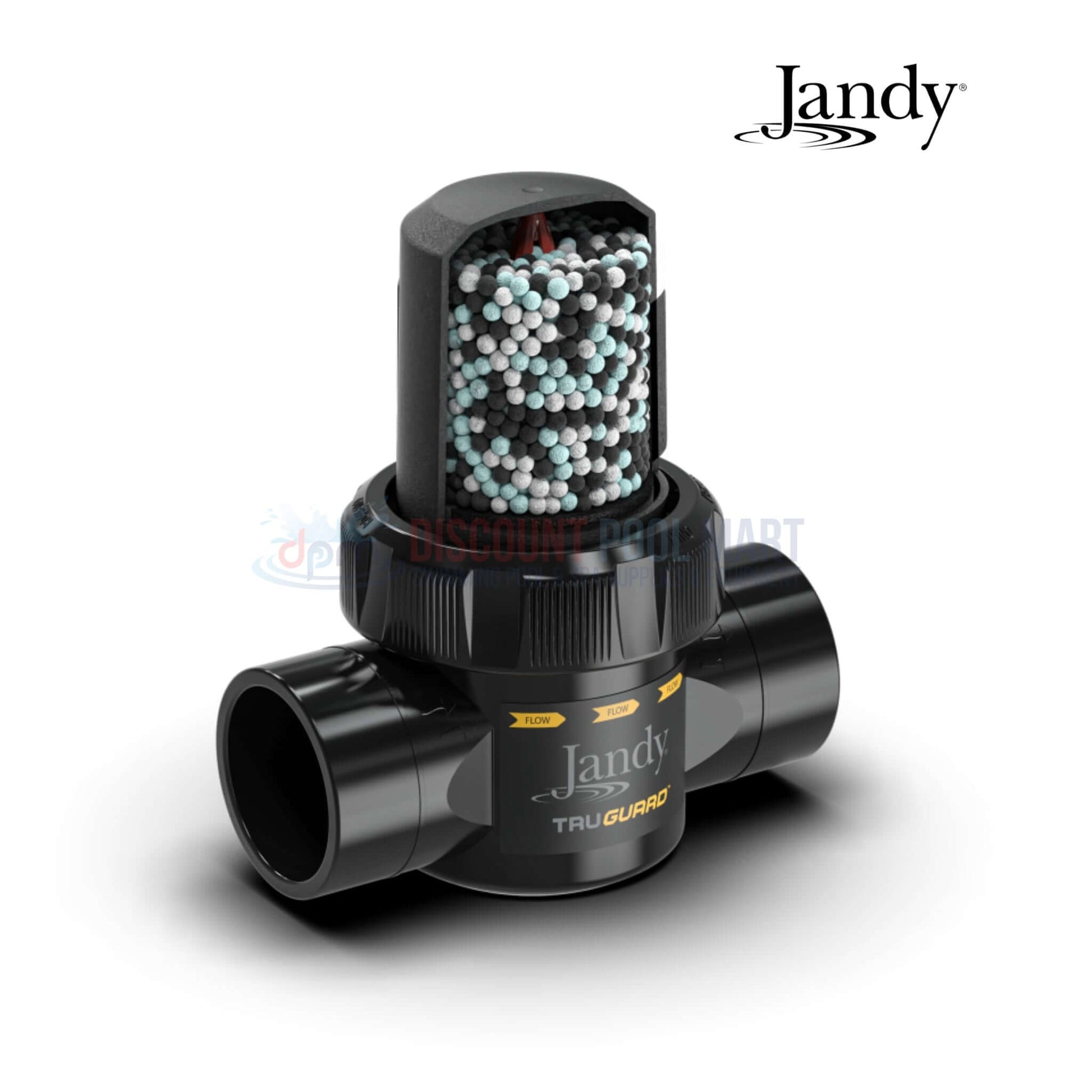 Jandy TruGuard Mineral Filter & Sanitizer from Discount Pool Mart. Black unit with mineral beads, angled view, ideal for pools.