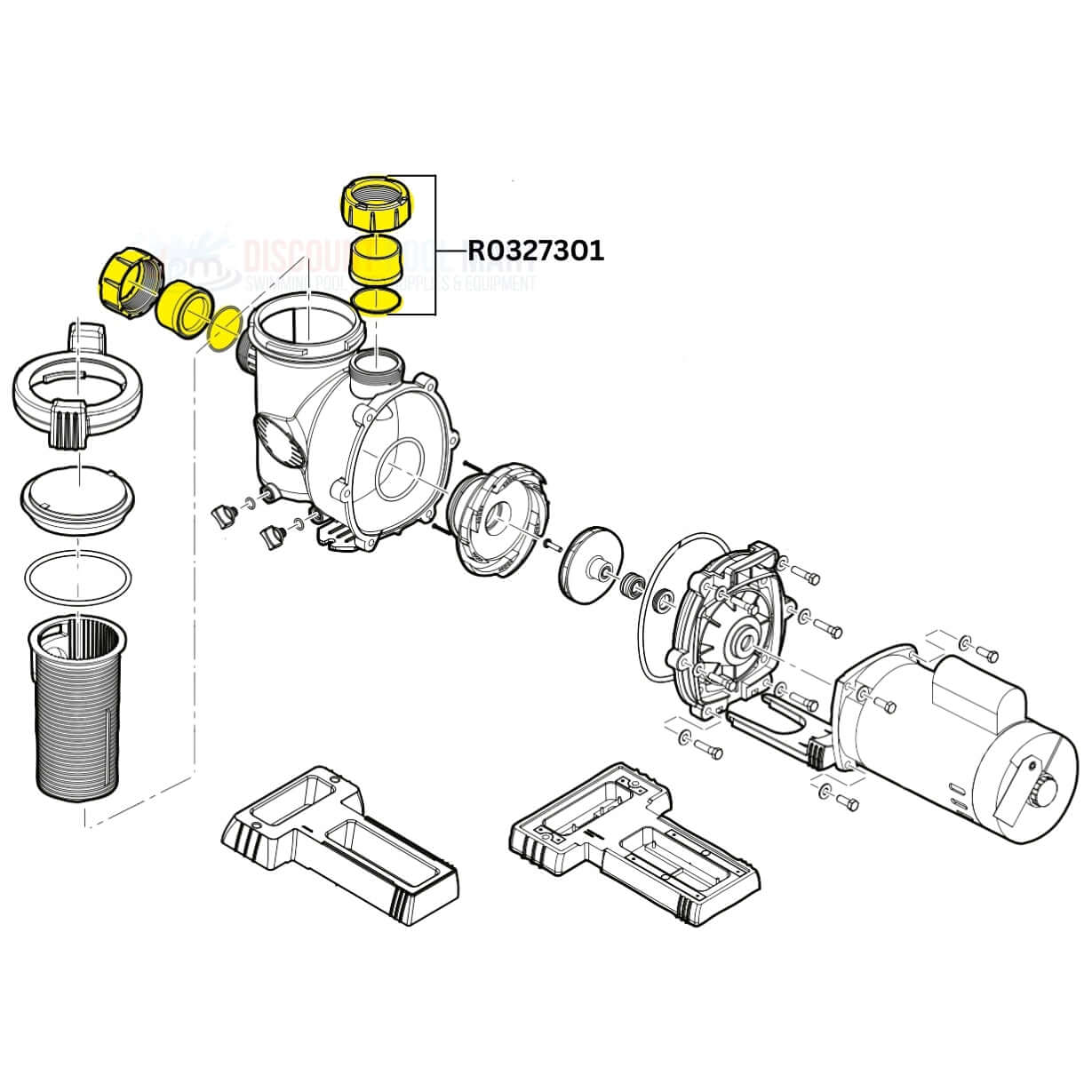 Exploded view of Jandy Union Kit R0327301 for FloPro Pumps at Discount Pool Mart DPM, 2" x 2" parts.