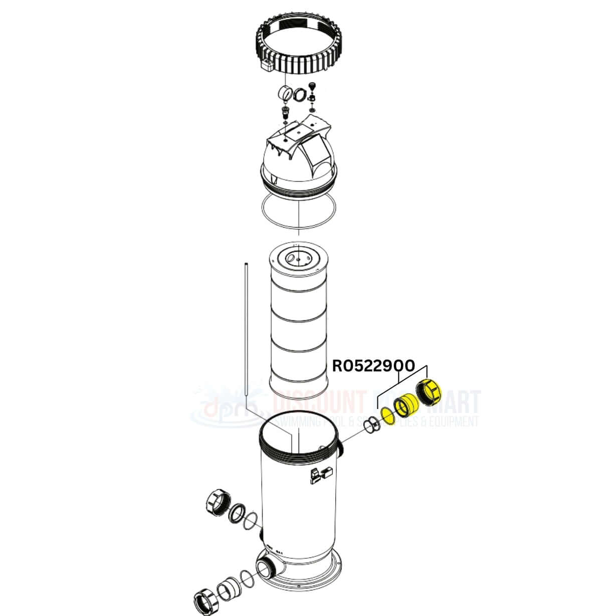 Jandy Universal Half Union for DEV and DEL Filters, model R0522900, from Discount Pool Mart DPM, exploded diagram.
