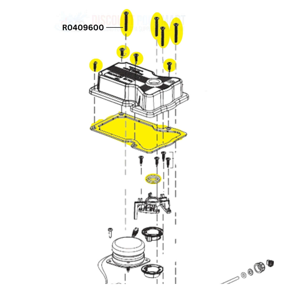 Exploded diagram of Jandy Gasket and Screw Kit R0409600 for JVA, featuring screws and gasket from Discount Pool Mart DPM.