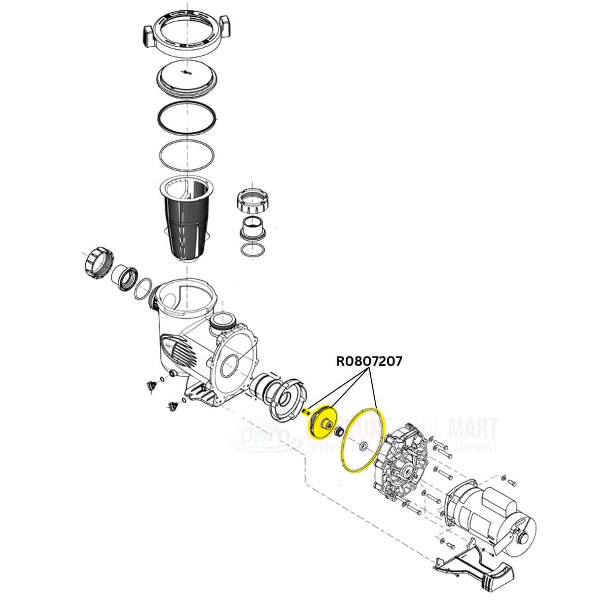 Diagram showing Jandy Impeller Kit R0807207 components for SWF125 0.75HP and SHPF 5HP pumps from Discount Pool Mart DPM.