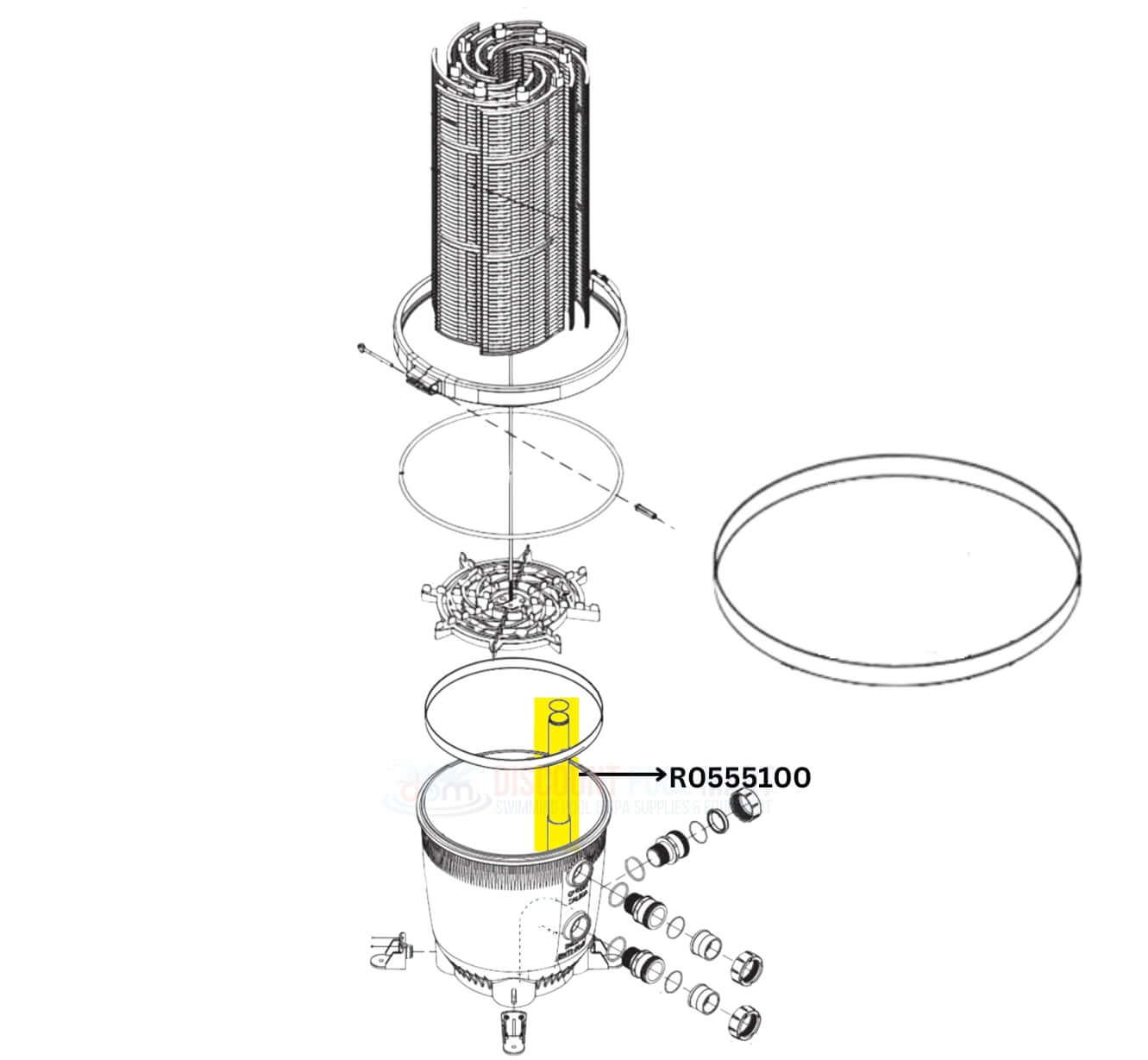 Diagram of Jandy Outlet Tube Elbow Assembly R0555100, key component for DEV and DEL filters from Discount Pool Mart DPM.