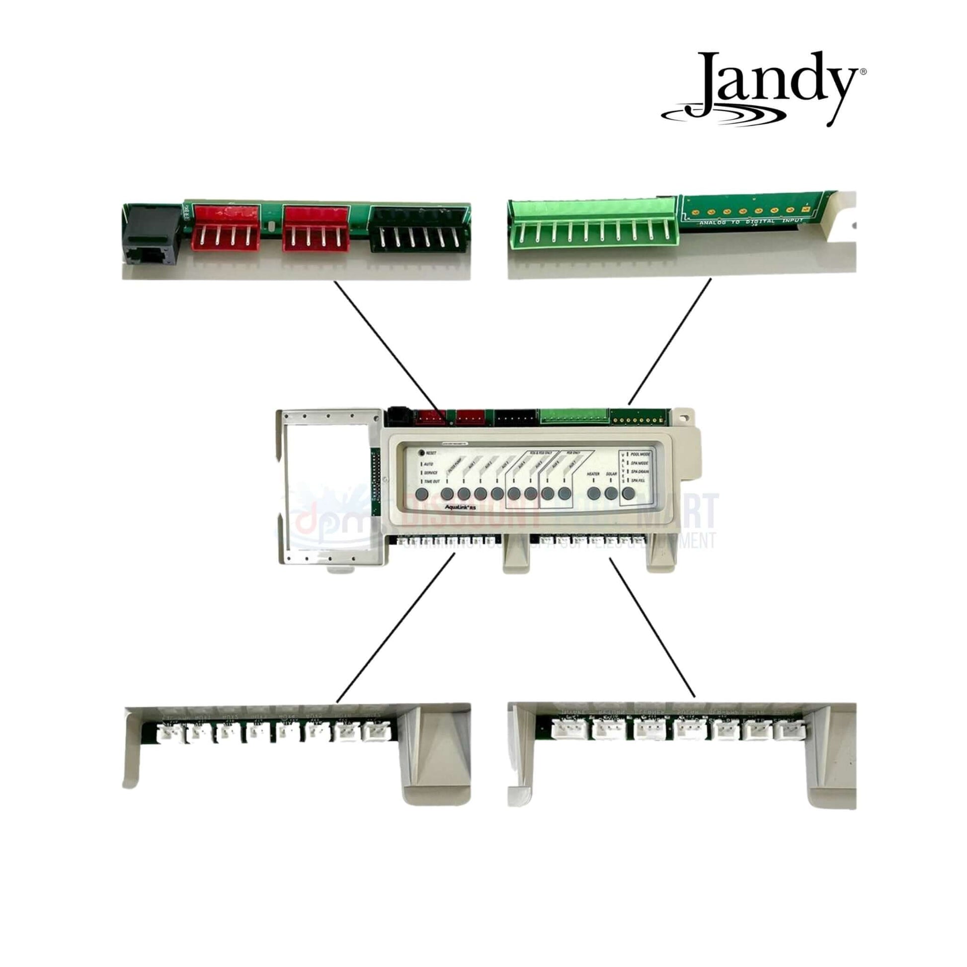 Jandy RS-PS4 AquaLink RS4 Control Board upgrade kit from Discount Pool Mart DPM, showcasing connections and interface.