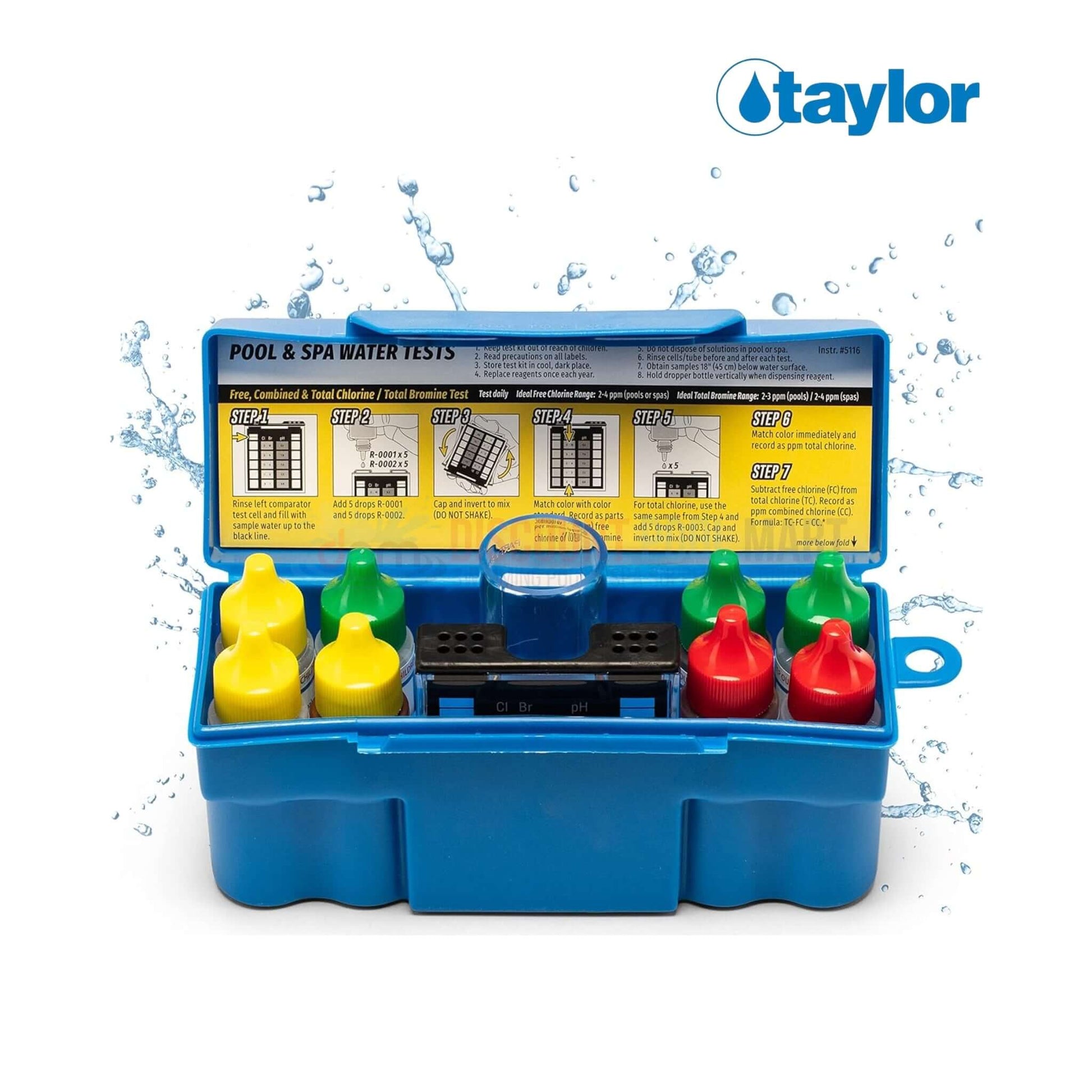 K-1004 | Taylor 6 in 1 Residential Troubleshooter DPD Test Kit in blue case with color-coded reagents, perfect for pool testing by Discount Pool Mart.