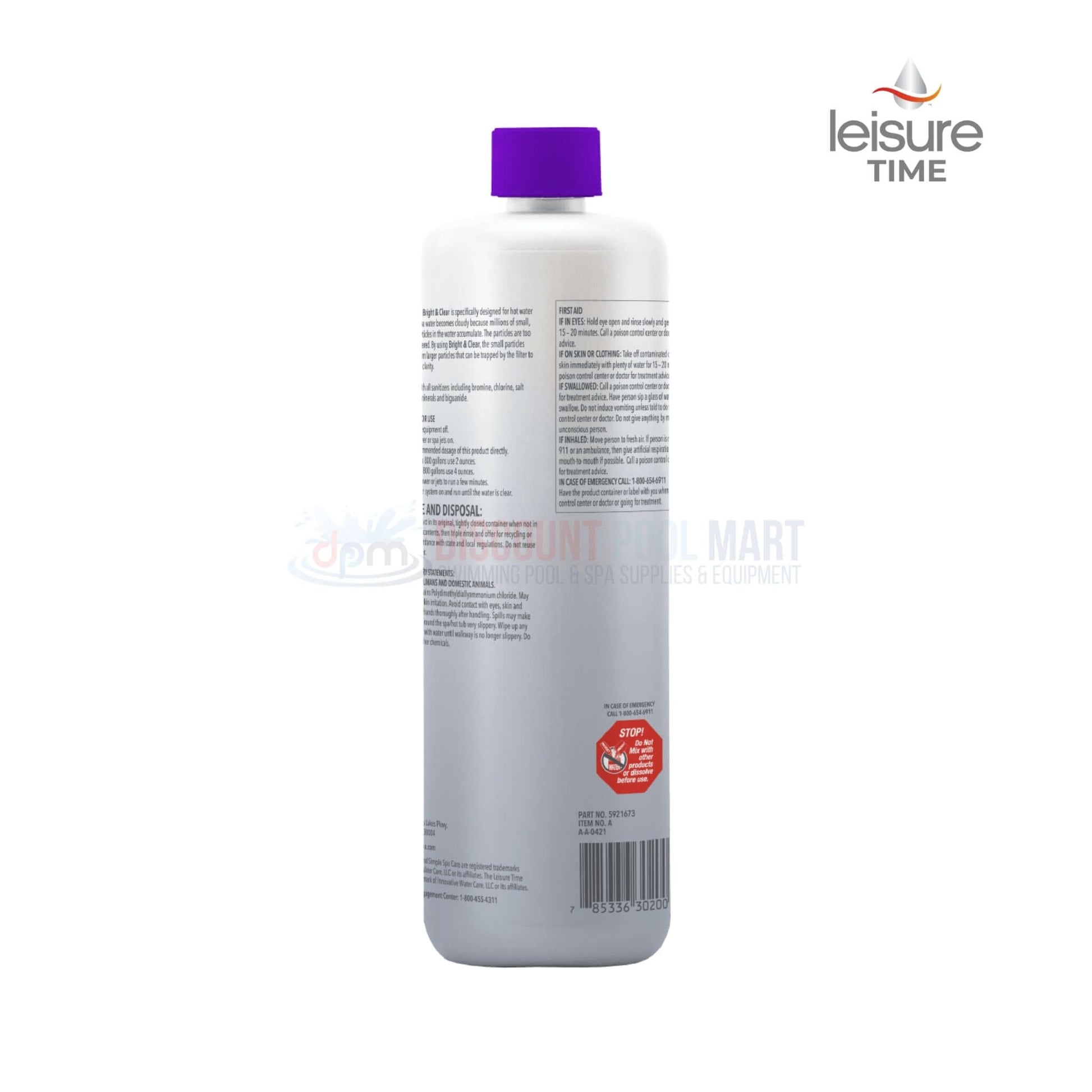 Leisure Time Bright & Clear Water Clarifier for Hot Tubs, 32 oz, from Discount Pool Mart DPM for clear spa water.