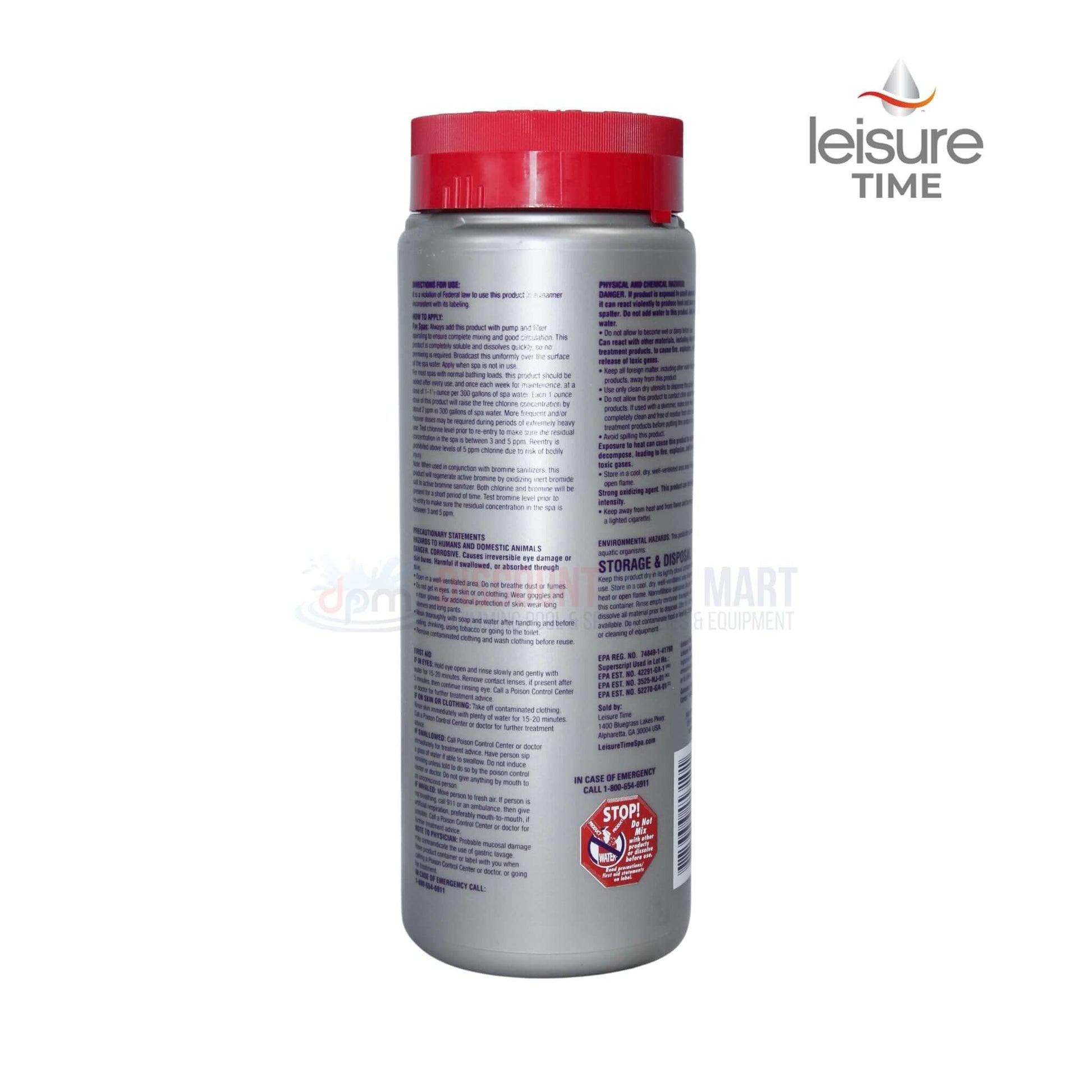 Leisure Time Replenish Shock Oxidizer 2lb 45310A bottle back view at Discount Pool Mart DPM.