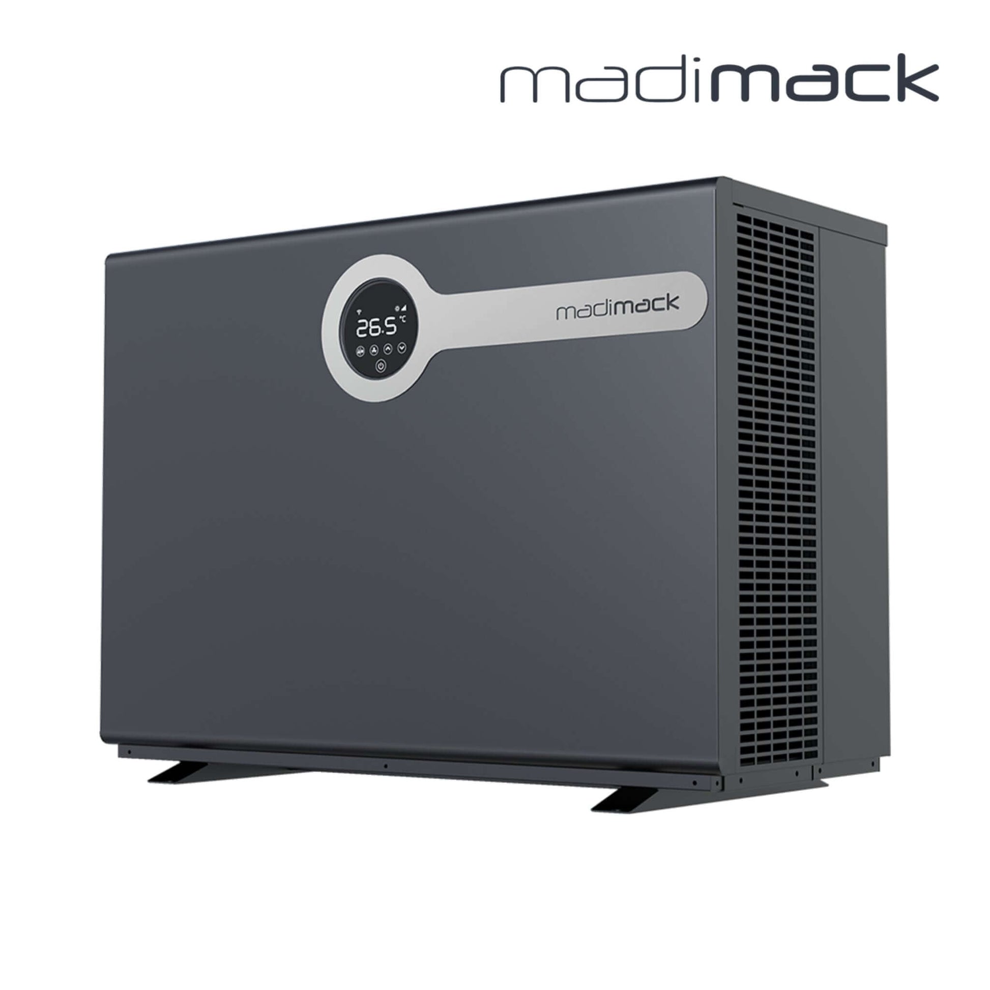 MadiMack InverElite Heat Pump | Heating & Cooling | Wi-Fi Control | 25-Year Warranty, sleek gray design, side view, efficient pool heating.