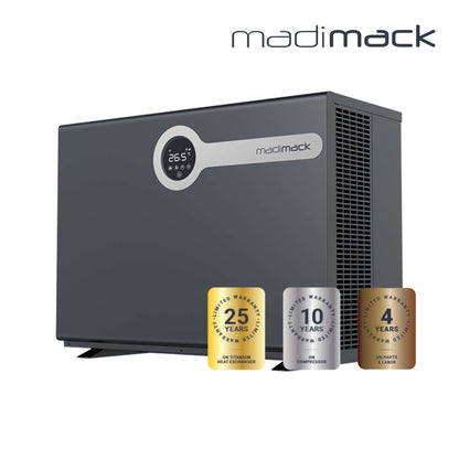 MadiMack InverElite Heat Pump | Heating & Cooling | Wi-Fi Control | 25-Year Warranty in sleek design, displayed with warranty badges.