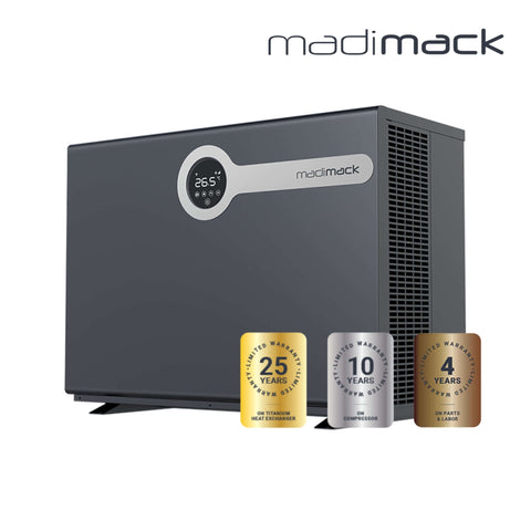 MadiMack InverElite Heat Pump | Heating & Cooling | Wi-Fi Control | 25-Year Warranty in sleek design, displayed with warranty badges.