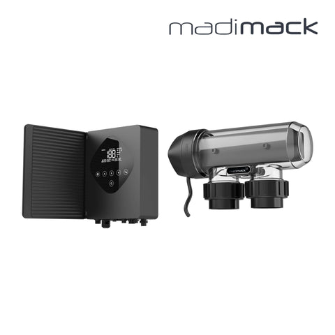 MadiMack Smart InverChlor Salt Chlorinator System | WiFi Enabled | 4-Year Warranty showing control panel and chlorinator unit, sleek black design.