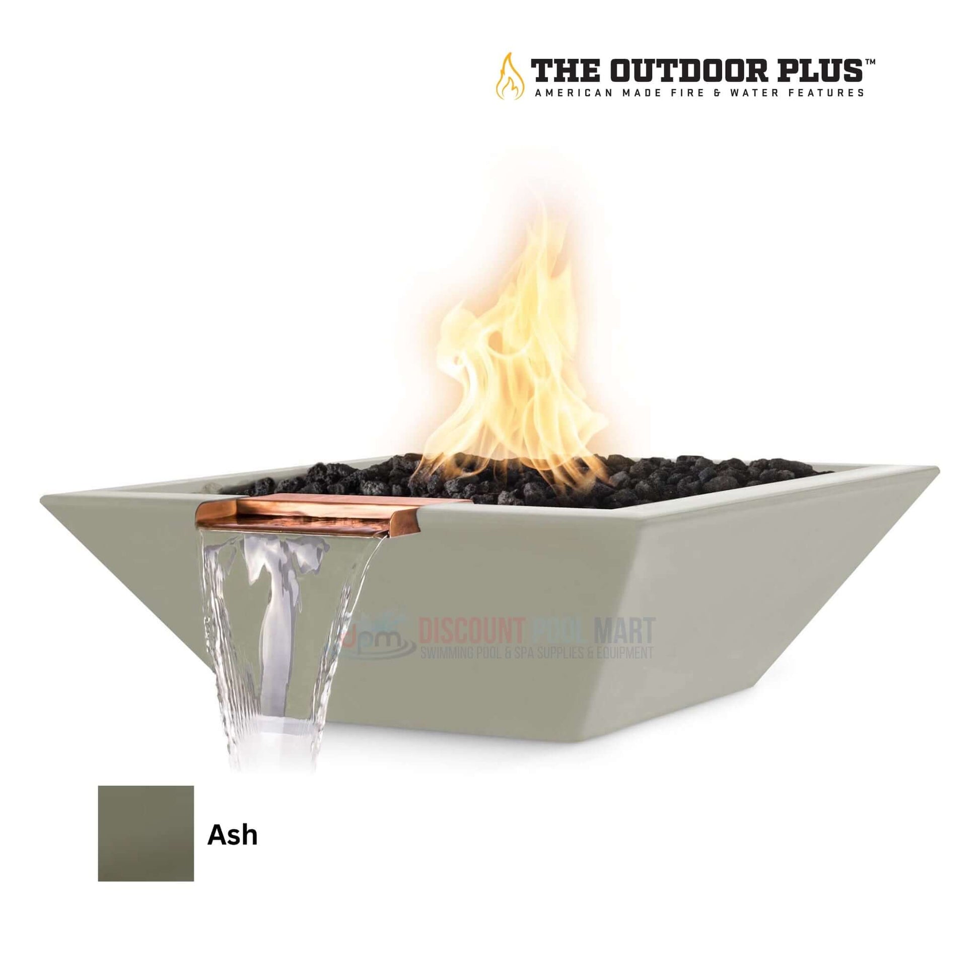 The Outdoor Plus Maya Fire & Water Bowl GFRC Concrete with flame water feature in Ash color. SKU: DPM.