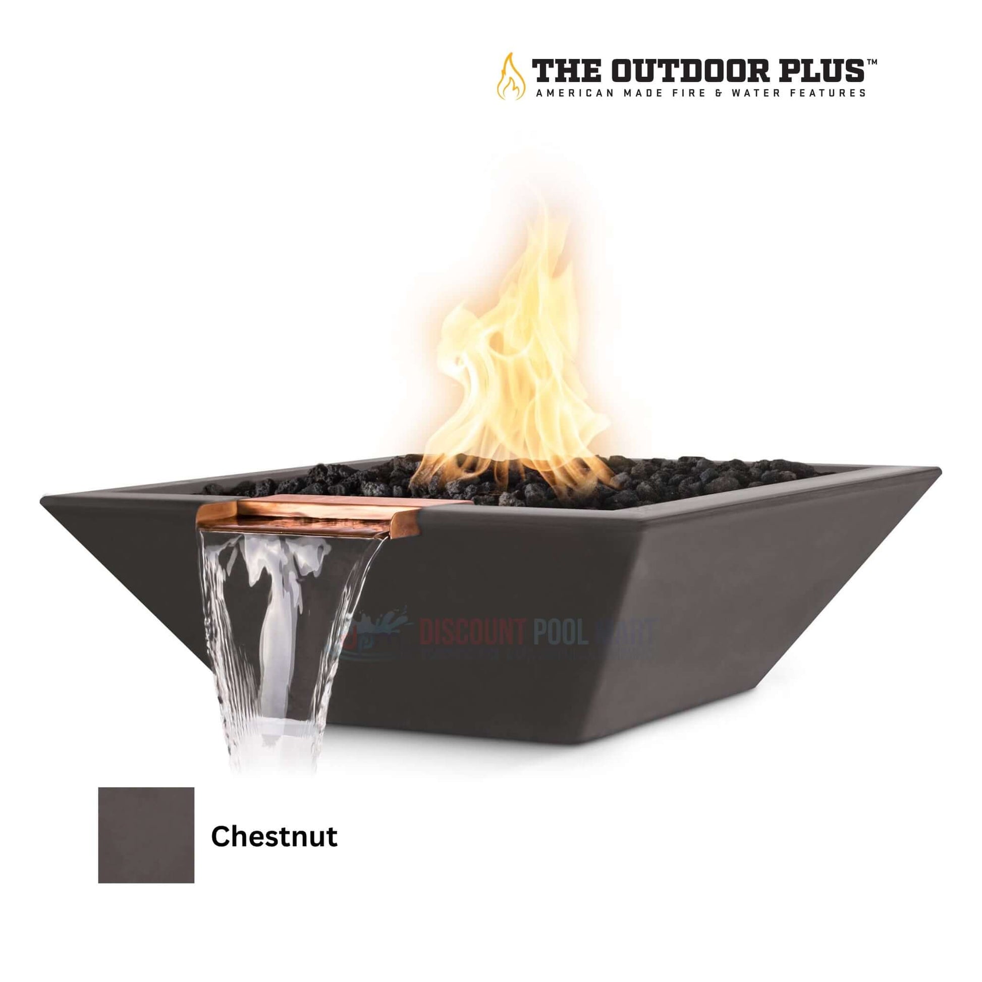 The Outdoor Plus Maya Fire & Water Bowl in Chestnut by Discount Pool Mart DPM, GFRC Concrete, modern design, fire and water feature.