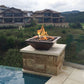 The Outdoor Plus Maya Fire & Water Bowl in Hammered Patina Copper, featuring flames and elegant design by Discount Pool Mart DPM.
