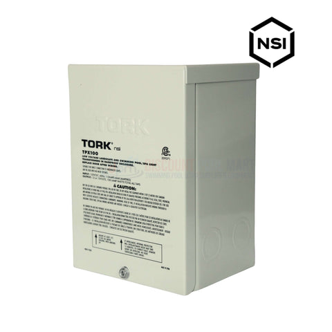 TORK Safety Transformer TPX100 by NSI Industries in white, ideal for low-voltage pool lighting, from Discount Pool Mart.