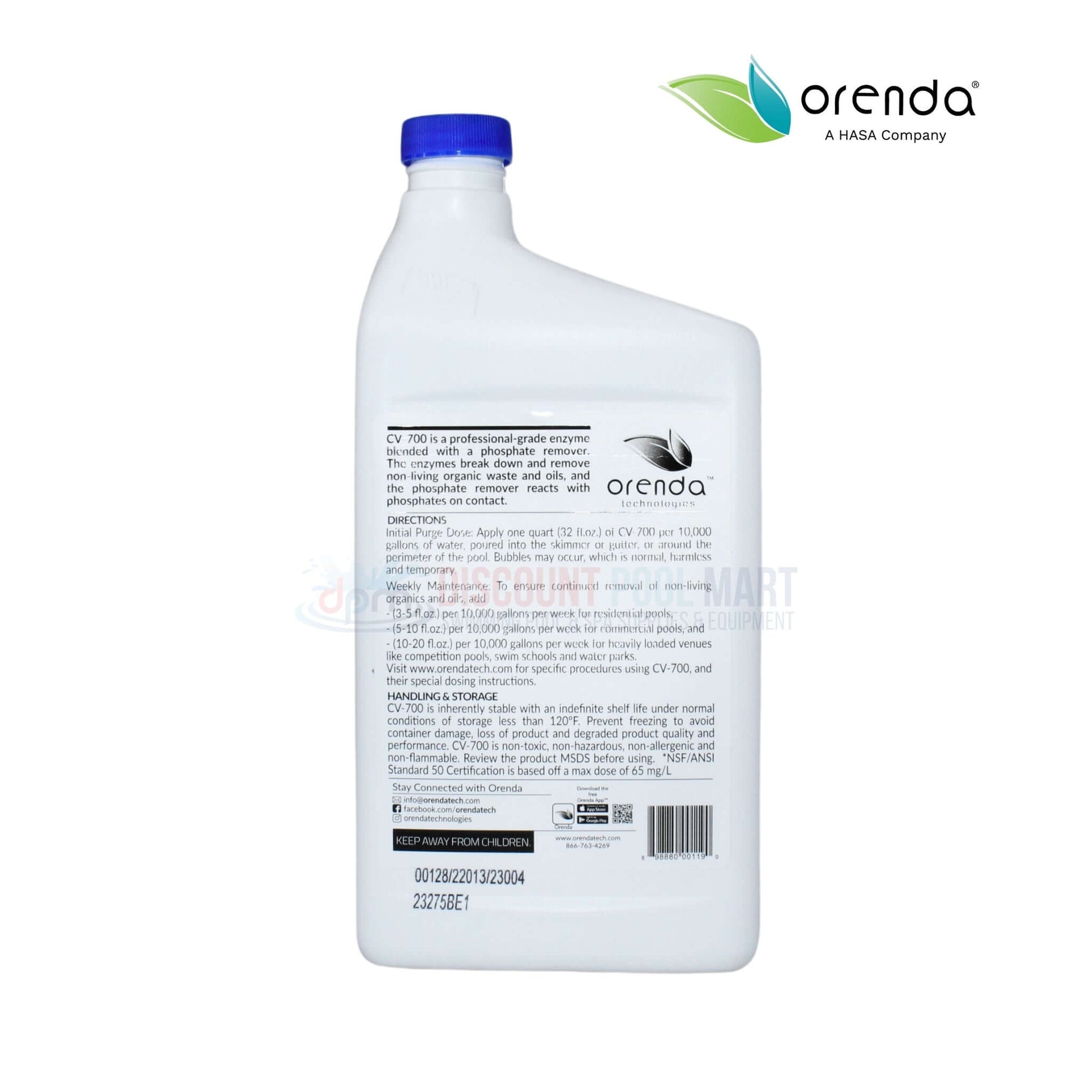 Orenda CV-700 Enzyme Cleaner and Phosphate Remover 32 oz bottle at Discount Pool Mart DPM for effective water maintenance.