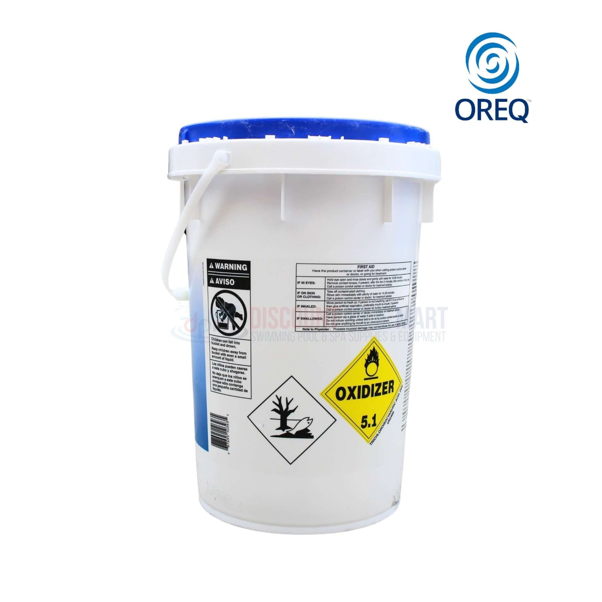 Oreq 50 lbs Chlorine Tablets bucket for pools from Discount Pool Mart DPM, featuring oxidizer warning for safety.