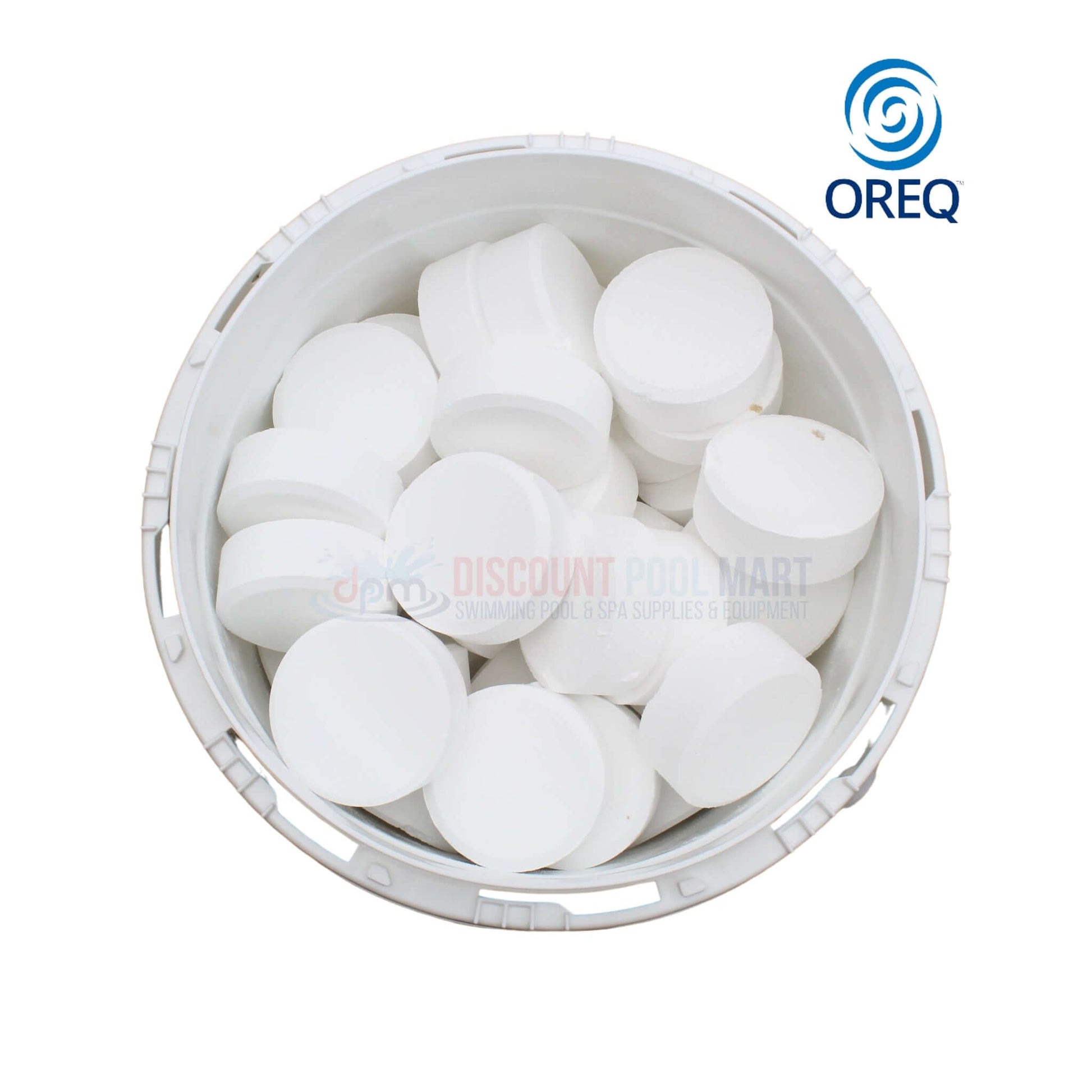 Oreq ClearView 3" Chlorine Tablets in a bucket for pool cleaning, available at Discount Pool Mart DPM.