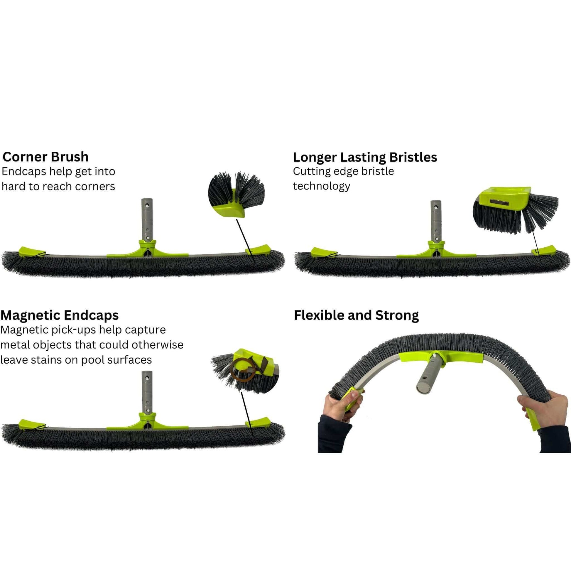 Oreq Animal Pro Pebble and Plaster Brush features corner access, durable bristles, flexible design, and magnetic endcaps for efficient pool cleaning.