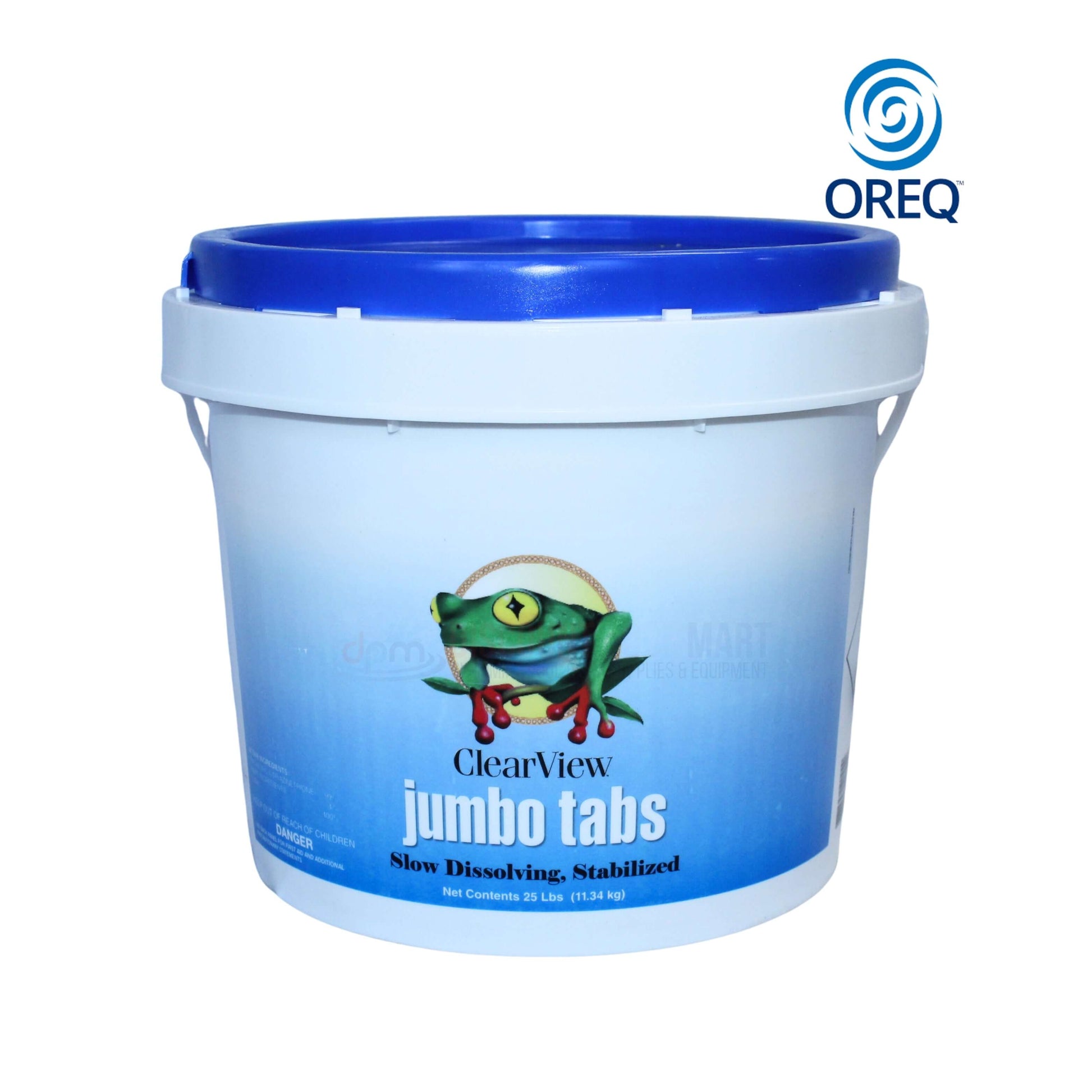 ClearView Jumbo Tabs from OREQ - 8 lbs bucket of slow dissolving, stabilized chlorine tablets for effective pool maintenance.