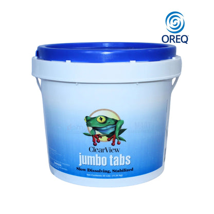 ClearView Jumbo Tabs from OREQ - 8 lbs bucket of slow dissolving, stabilized chlorine tablets for effective pool maintenance.