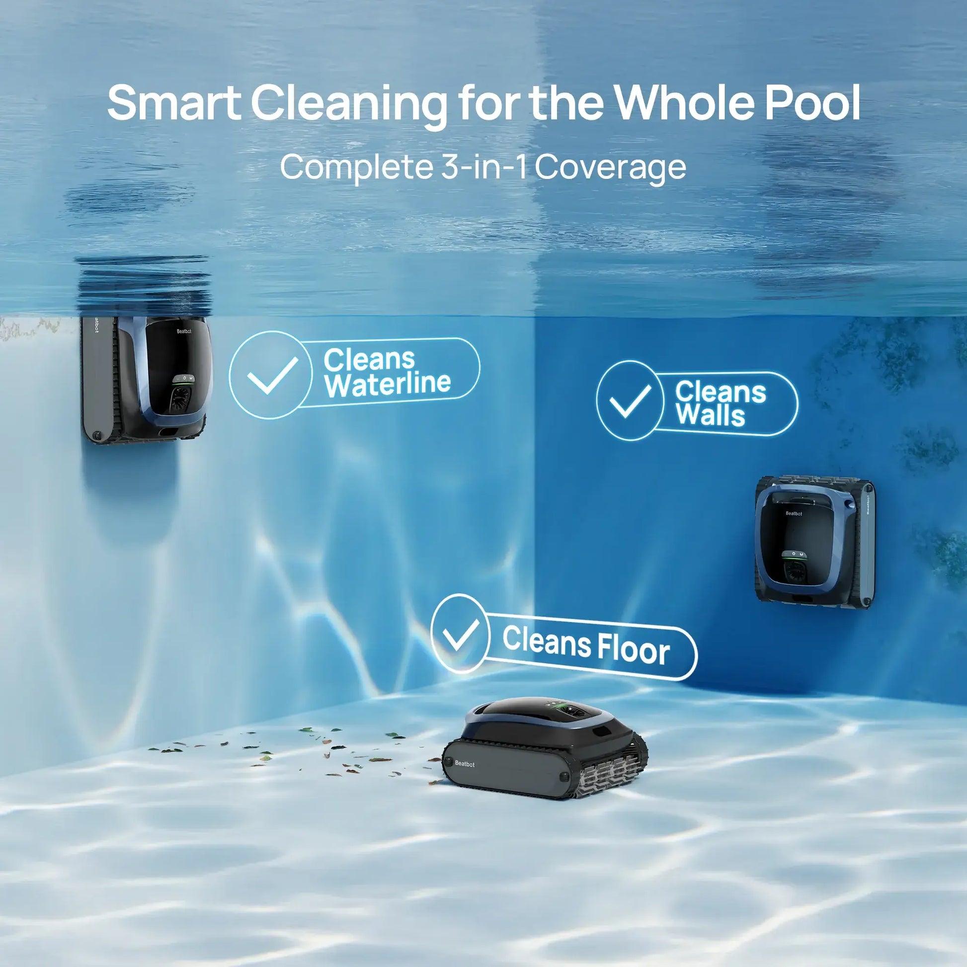 Beatbot P300 Cordless Robotic Pool Cleaner in action, cleaning floor, walls, and waterline in a blue swimming pool.