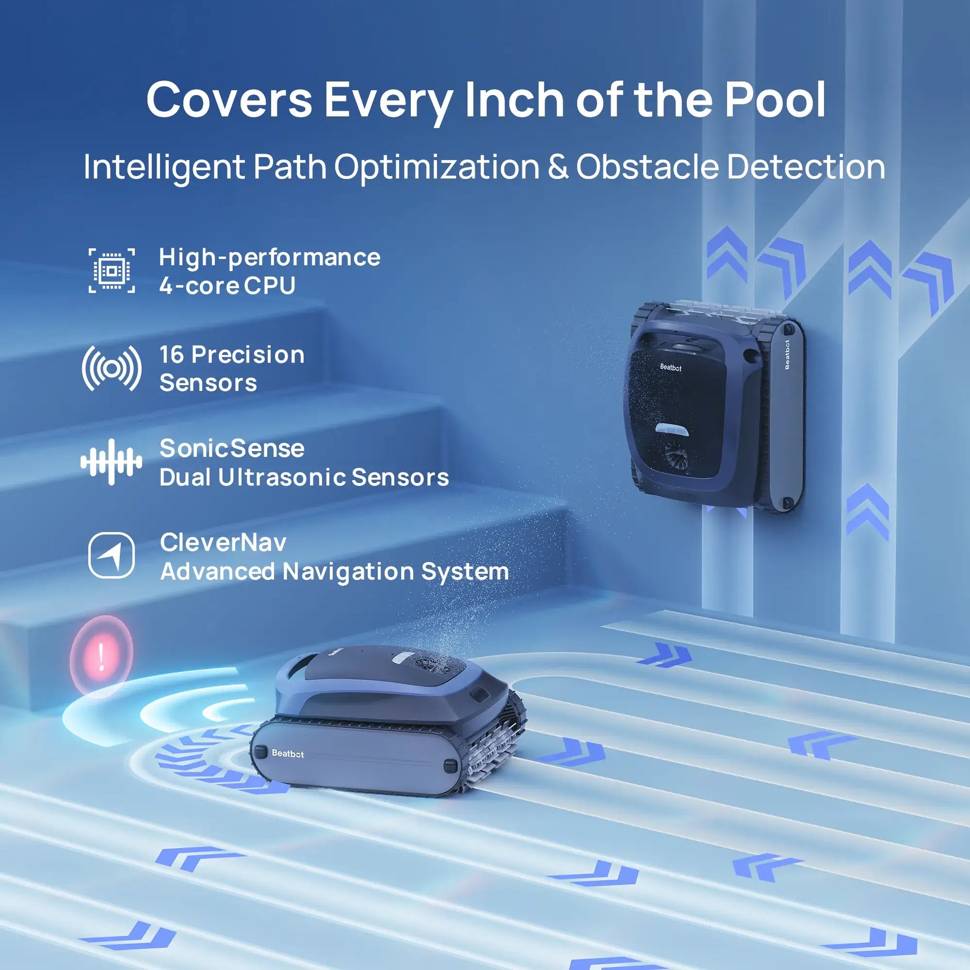 Beatbot P300 Cordless Robotic Pool Cleaner by DPM, showing sensors on steps with advanced navigation for efficient pool cleaning.