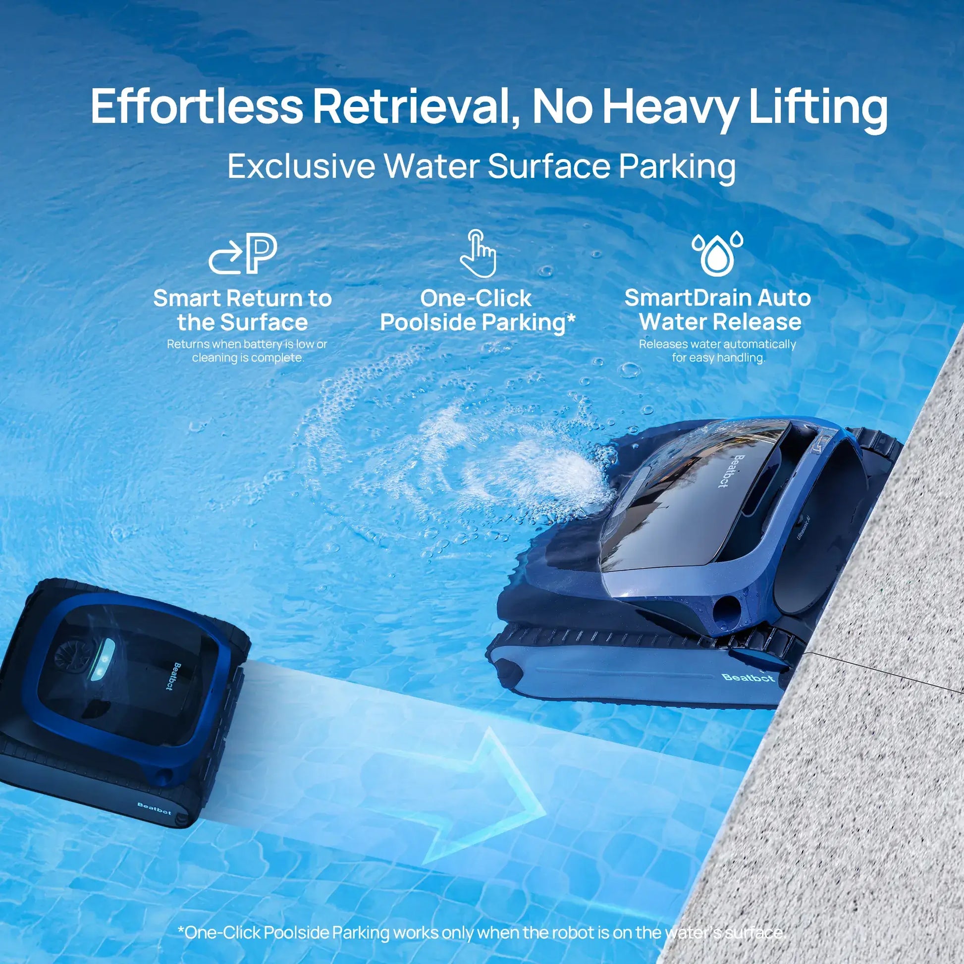 Beatbot P300 Cordless Robotic Pool Cleaner at poolside with smart return, effortless water surface parking, from Discount Pool Mart.