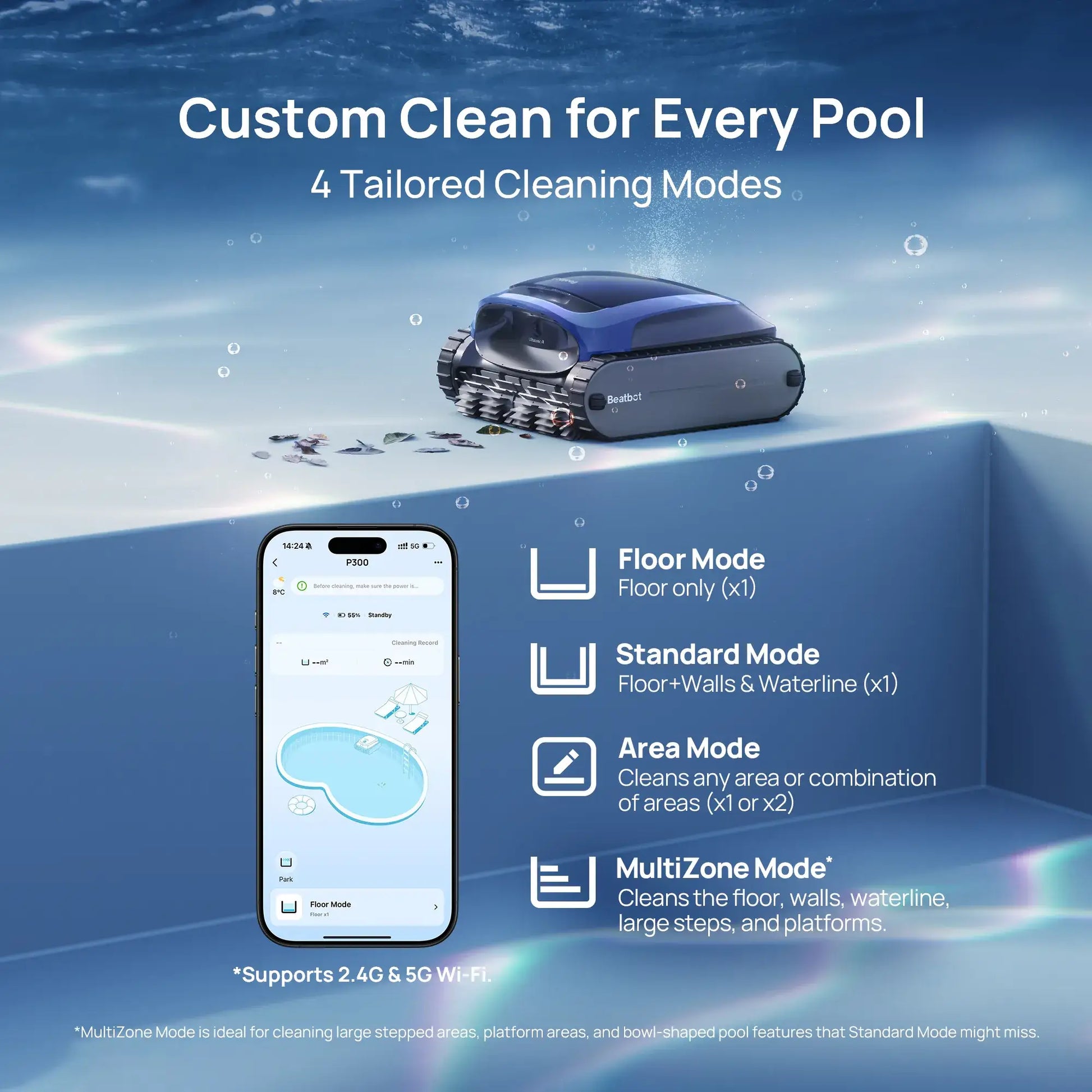 Beatbot P300 Cordless Robotic Pool Cleaner with custom clean settings displayed beside mobile app interface by Discount Pool Mart.
