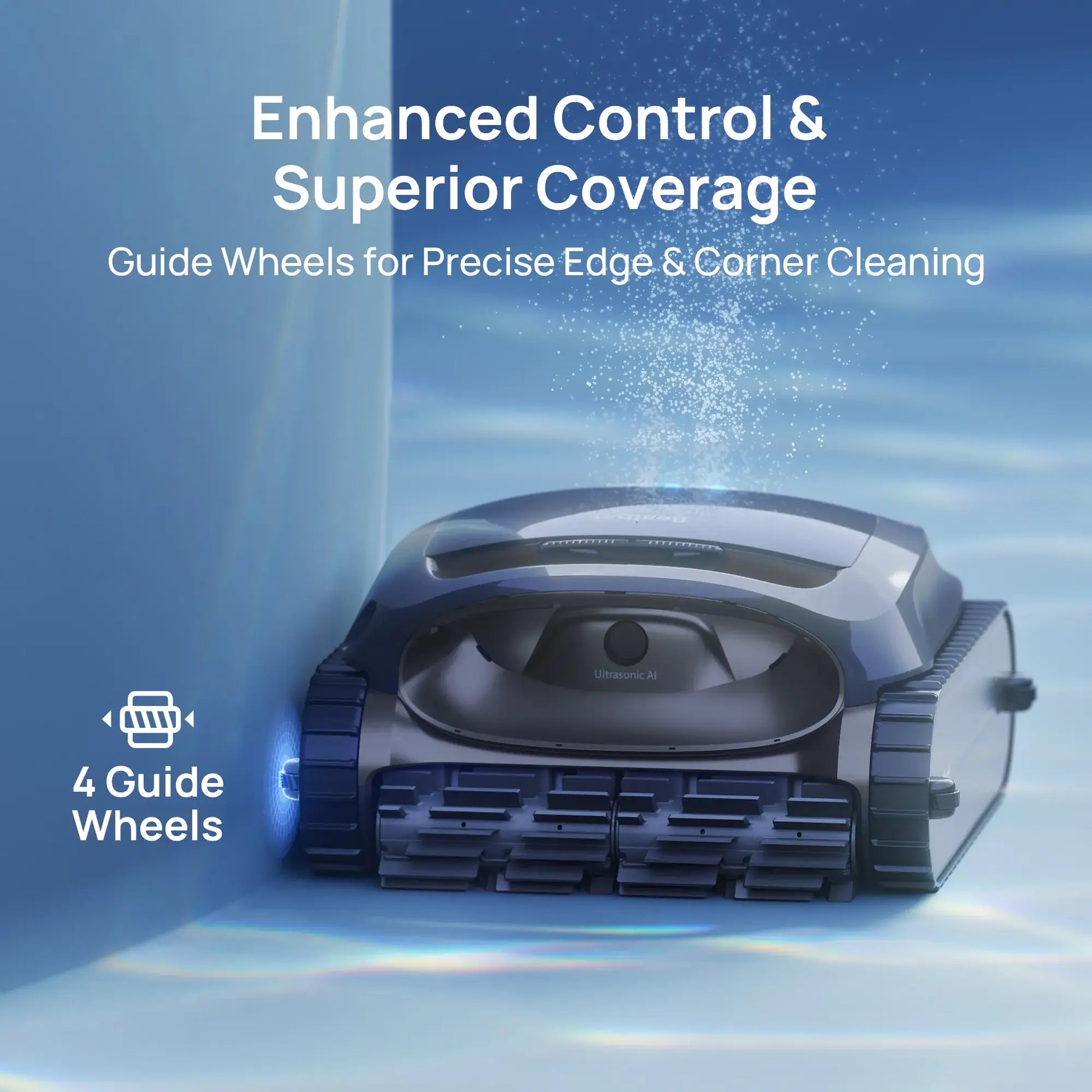 Beatbot P300 Cordless Robotic Pool Cleaner in pool, showcasing guide wheels for precise edge cleaning. Discount Pool Mart.