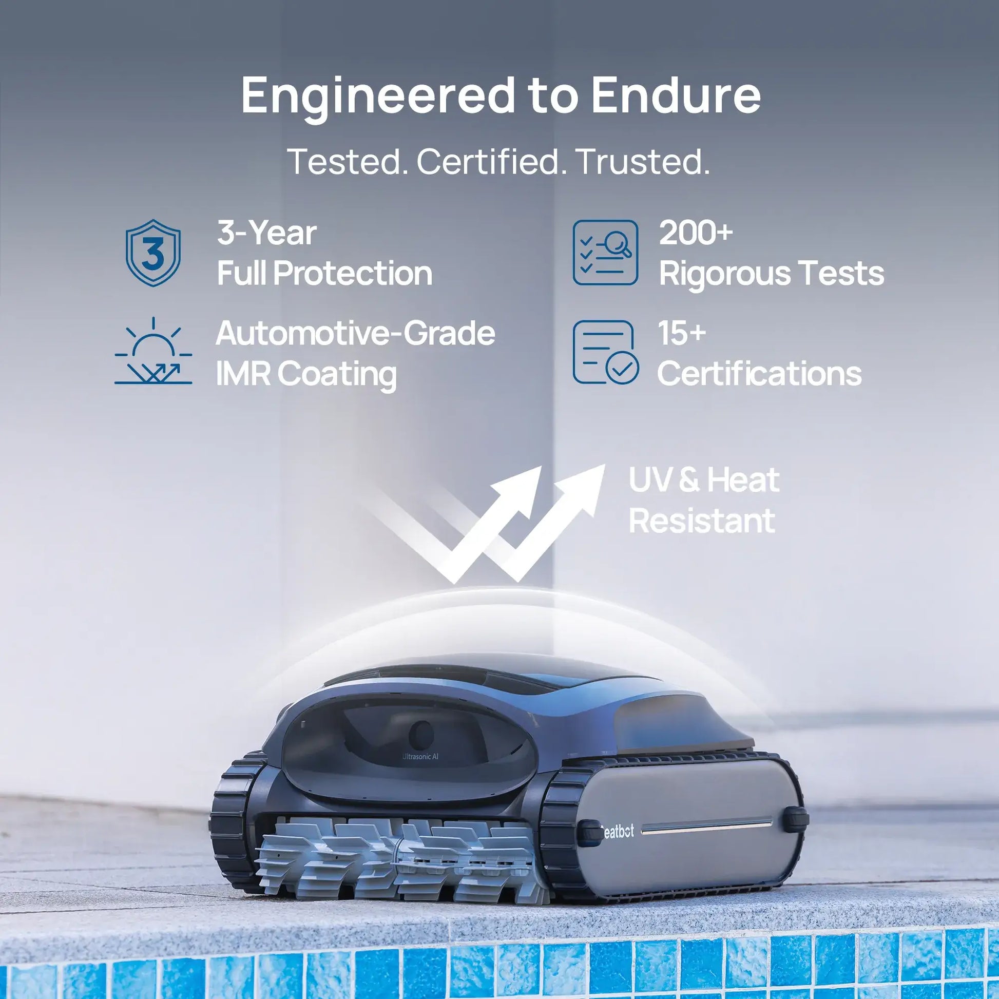 Beatbot P300 Cordless Robotic Pool Cleaner from Discount Pool Mart showing durability features and certifications.