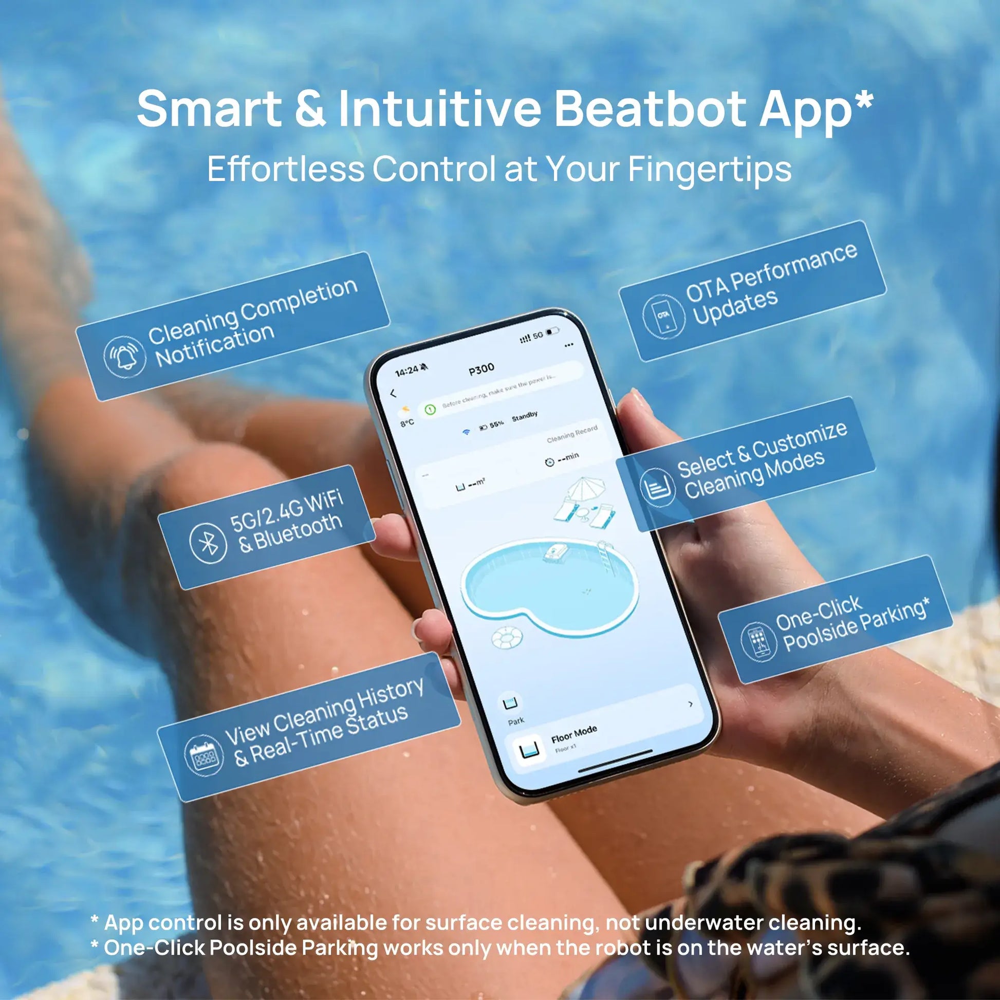 Smart Beatbot app displayed on a phone with features for Beatbot P300 Cordless Robotic Pool Cleaner, hands in pool.