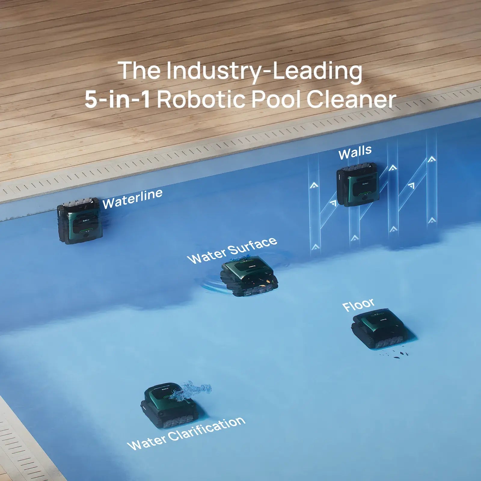 Beatbot P300 Pro Cordless Robotic Pool Cleaner in action, cleaning walls, surface, and floor of a pool. Discount Pool Mart.