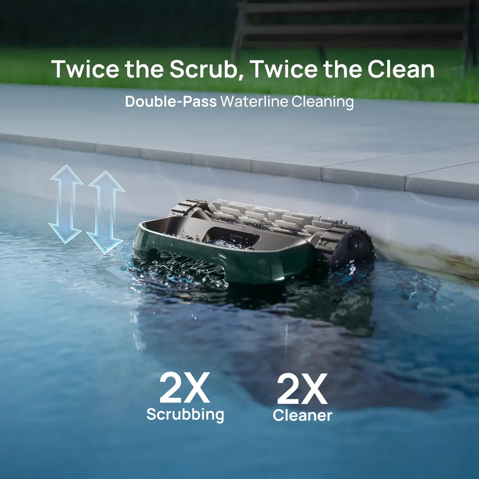 Beatbot P300 Pro Cordless Robotic Pool Cleaner in action, demonstrating double-pass waterline cleaning in a pool. DPM pool supplies.
