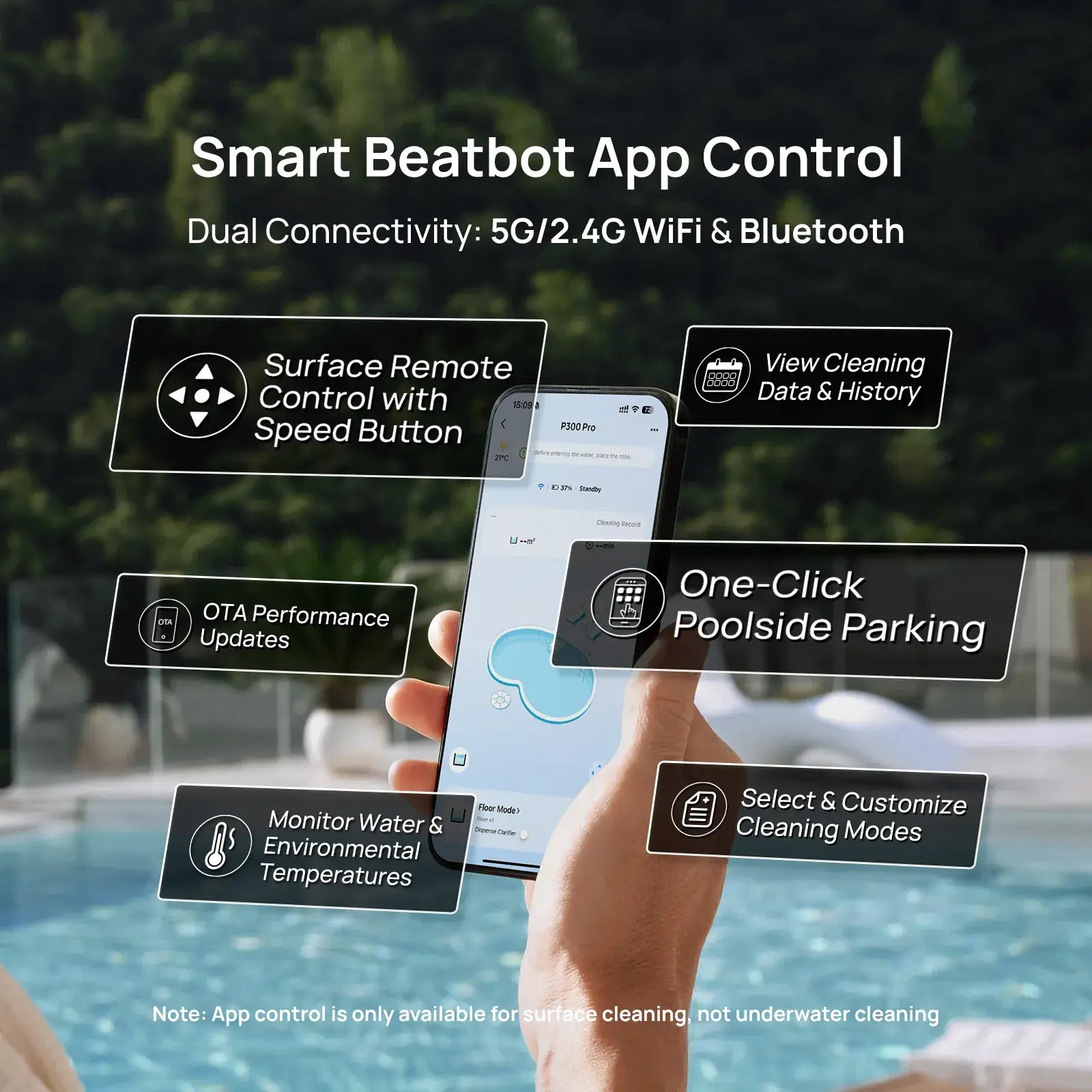 Beatbot P300 Pro Cordless Robotic Pool Cleaner app control interface showcasing remote control features for pool cleaning.