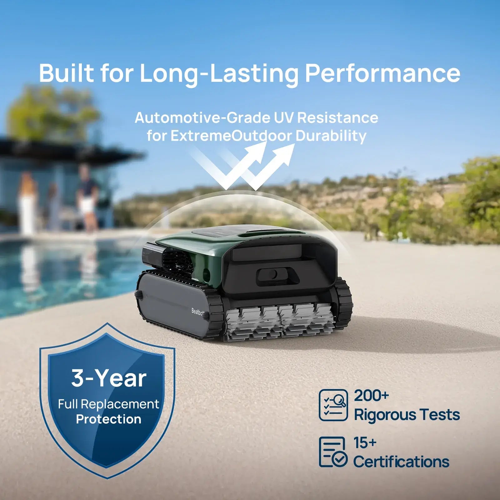 Beatbot P300 Pro Cordless Robotic Pool Cleaner at poolside, showcasing automotive-grade UV resistance; Discount Pool Mart, SKU: DPM-P300