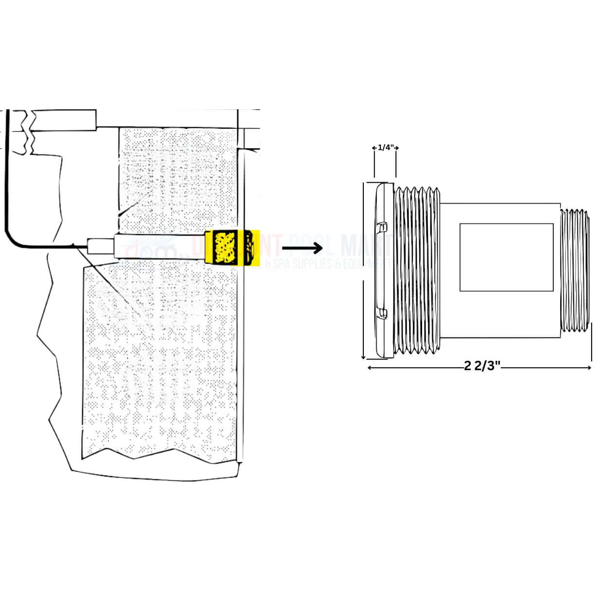Nicheless Pool Light Installation Guide illustrating connection setup and dimensions for installation.