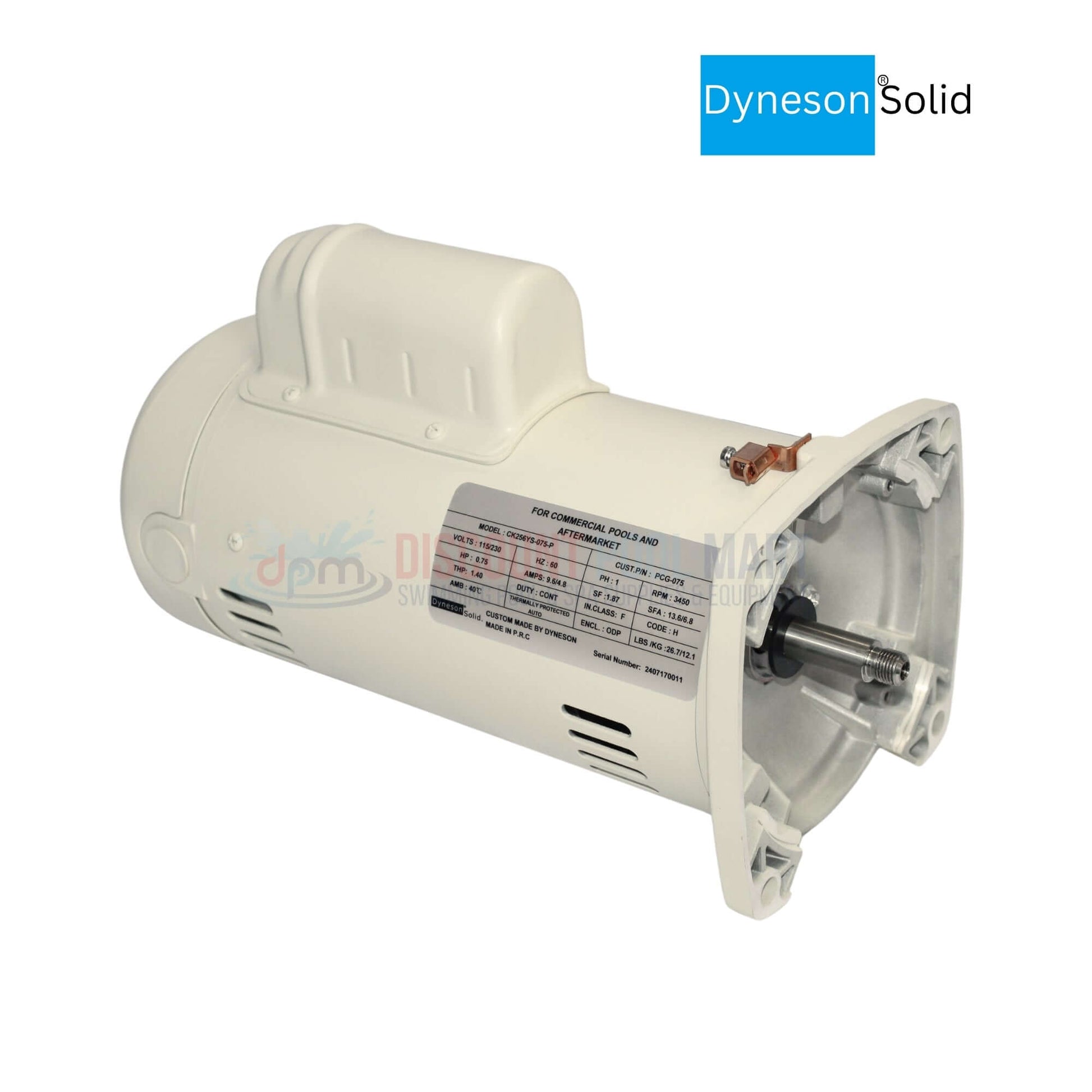 PCG-075 | Dyneson 0.75 HP Motor For SuperFlo and WhisperFlo Pumps | 355008, shown in white color for pool pump replacement, from Discount Pool Mart.