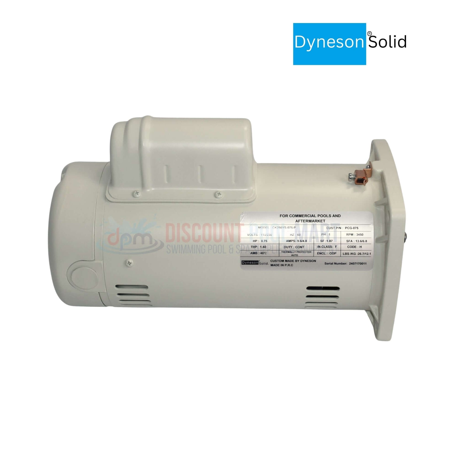 PCG-075 | Dyneson 0.75 HP Motor For SuperFlo and WhisperFlo Pumps | 355008 at Discount Pool Mart, showing almond motor side view for pool supplies.