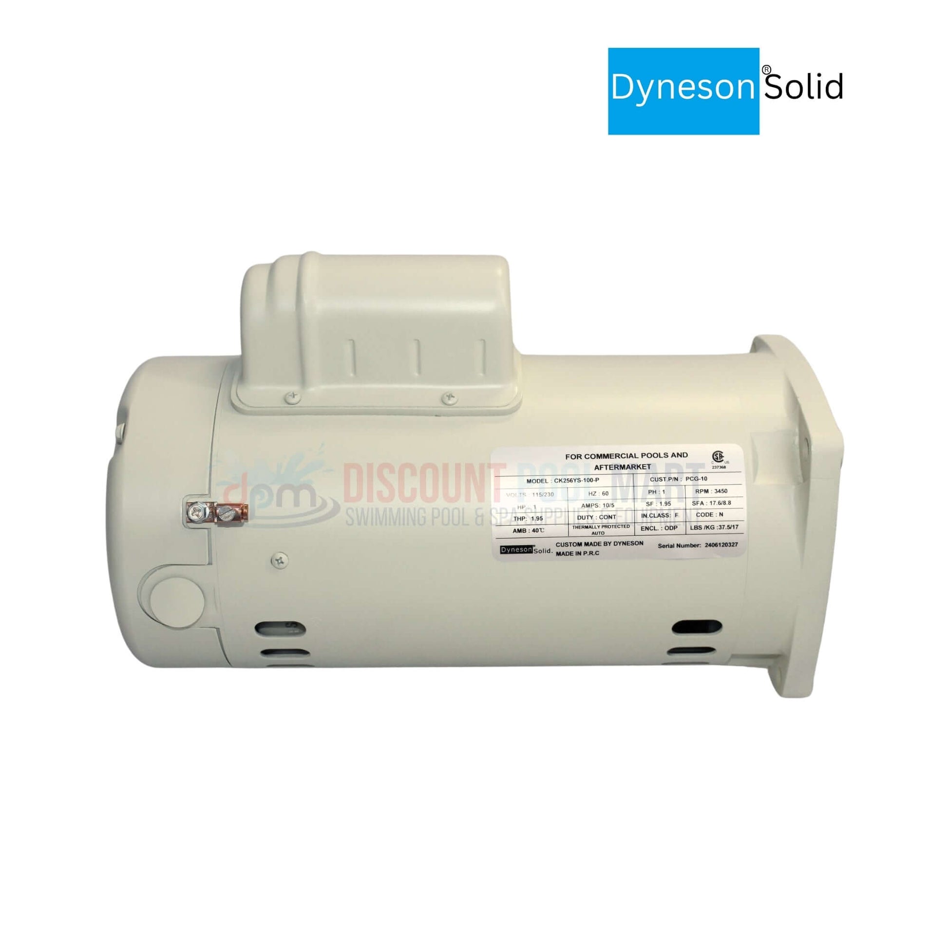 PCG-10 | Dyneson 1 HP Motor For SuperFlo and WhisperFlo Pumps 355010, side view, almond color, used for pool pumps from Discount Pool Mart.