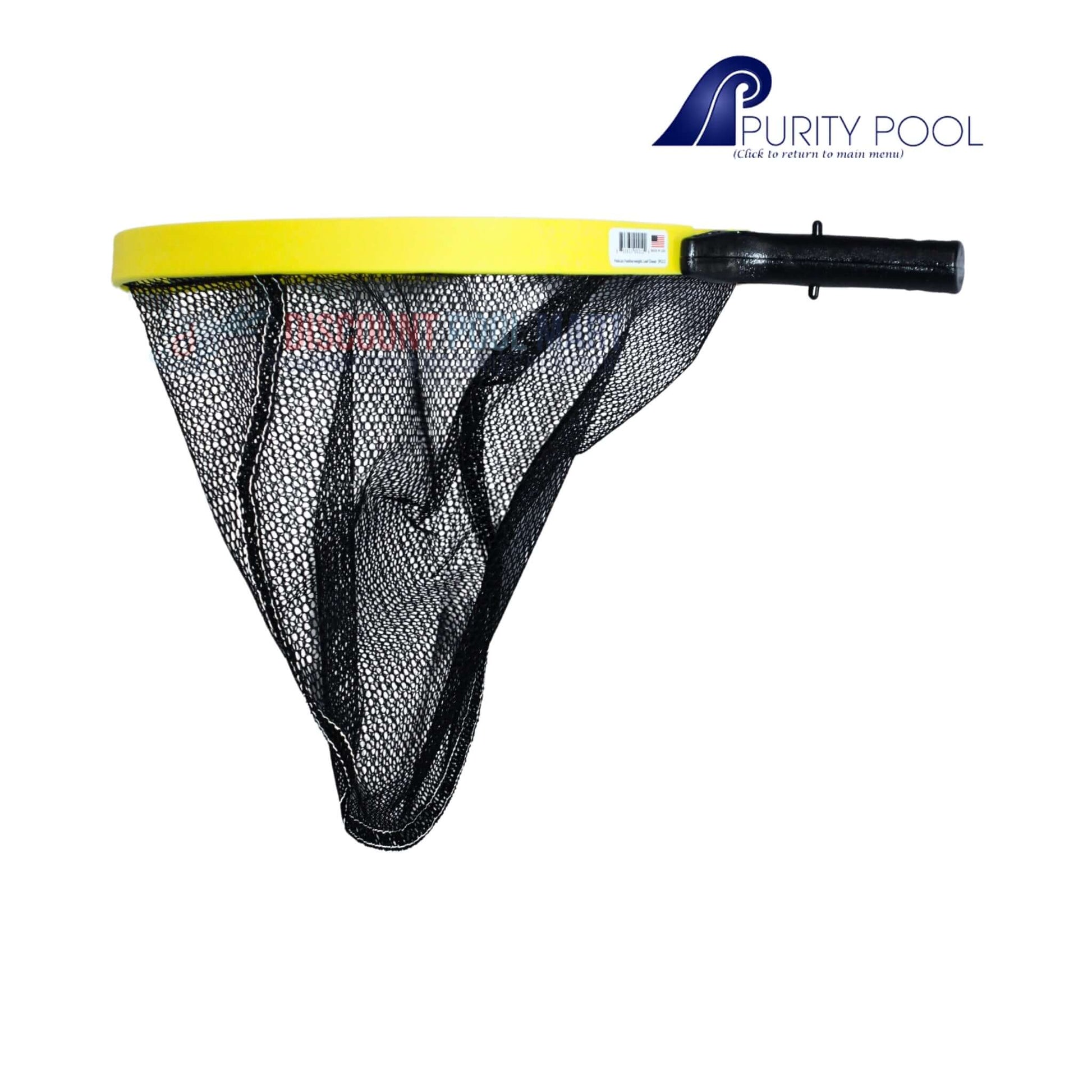 PCLC | Purity Pool 16" Pelican Featherweight Pool Leaf Net with yellow rim and fine mesh bag for effective pool cleaning.